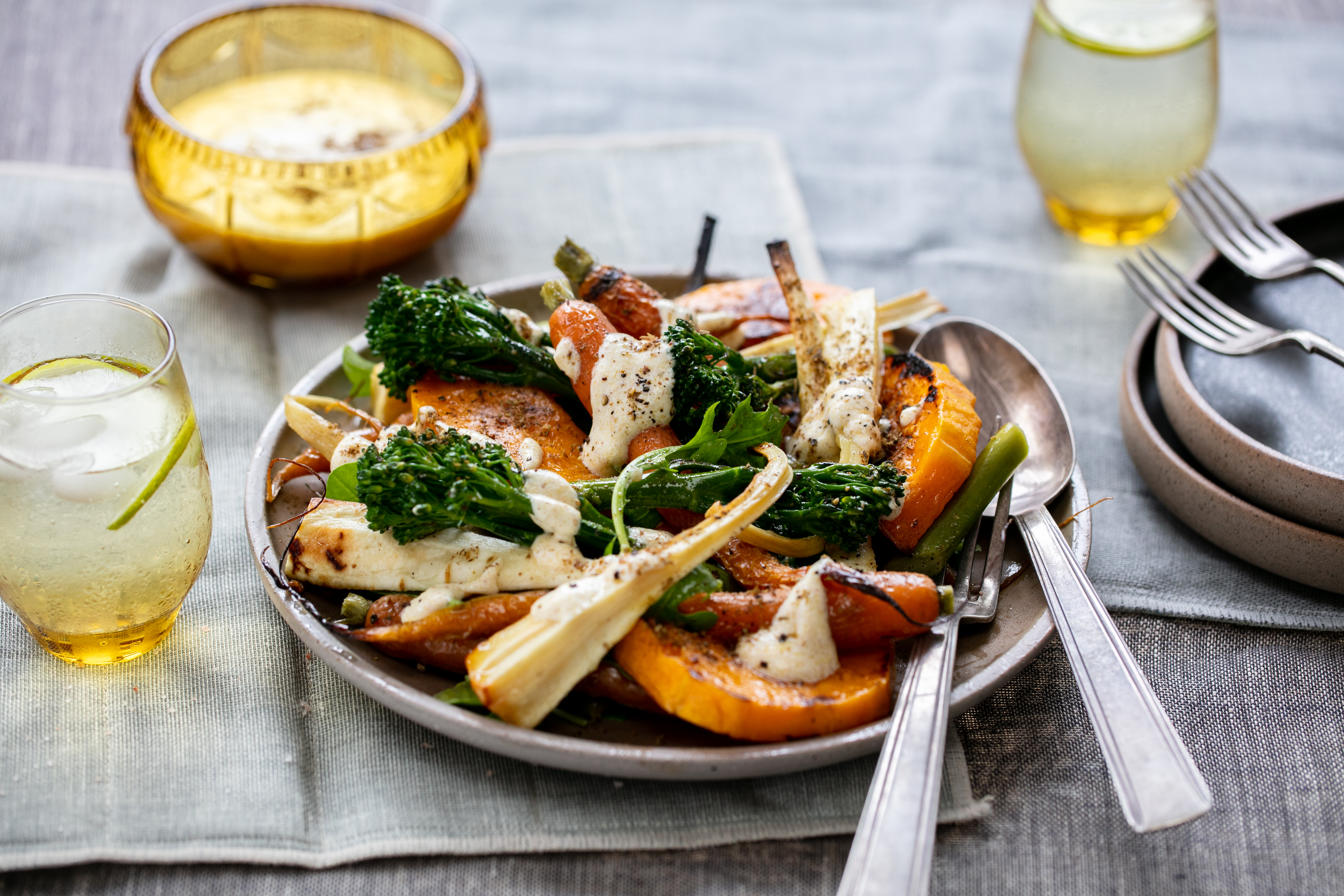 Hearty roast veg with burned butter dressing. Photo / Babiche Martens
