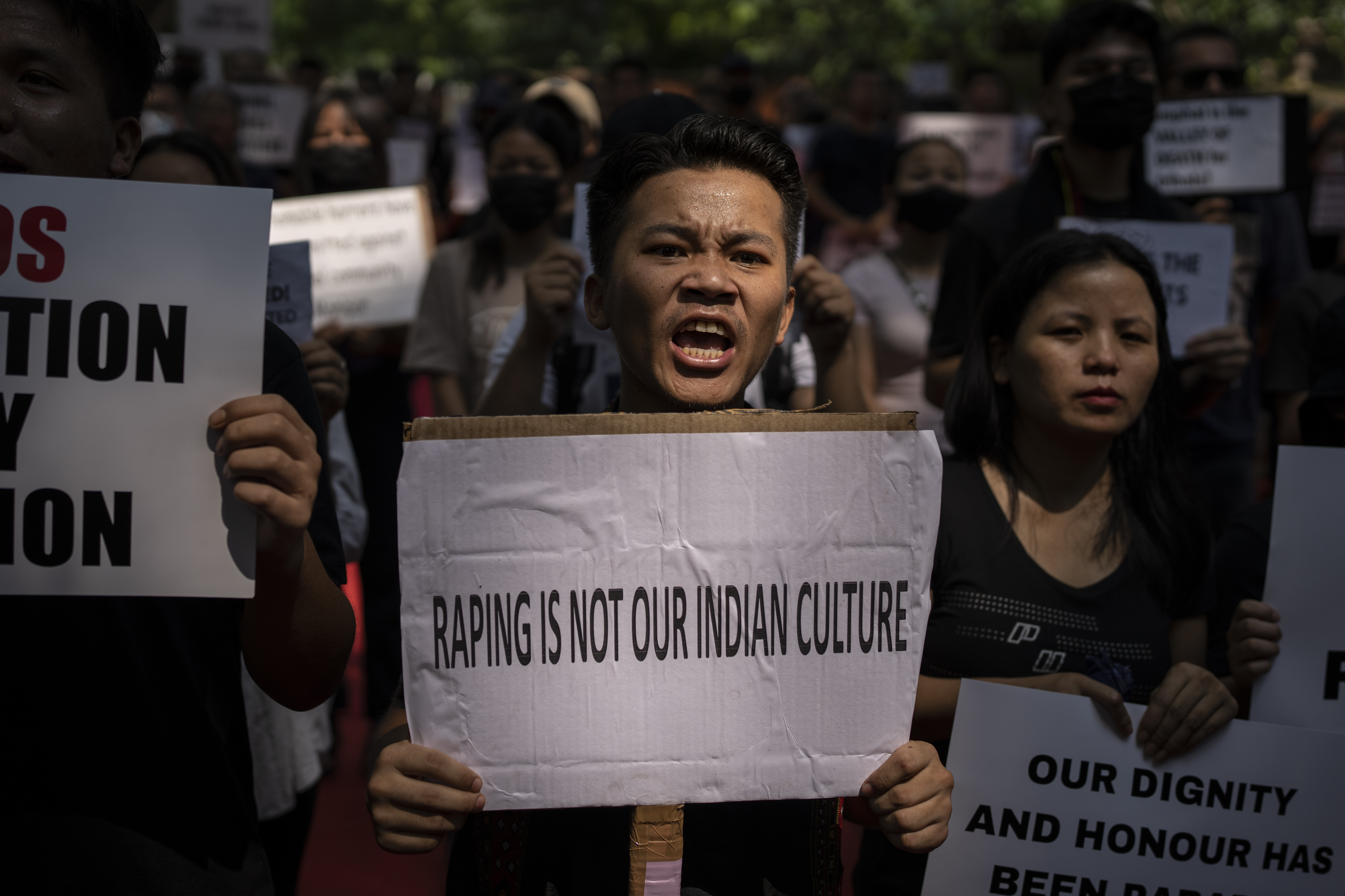 Kuki tribal protestors shout slogans during a demonstration against deadly ethnic clashes in the country's northeastern state of Manipur, in New Delhi, India. Photo / AP