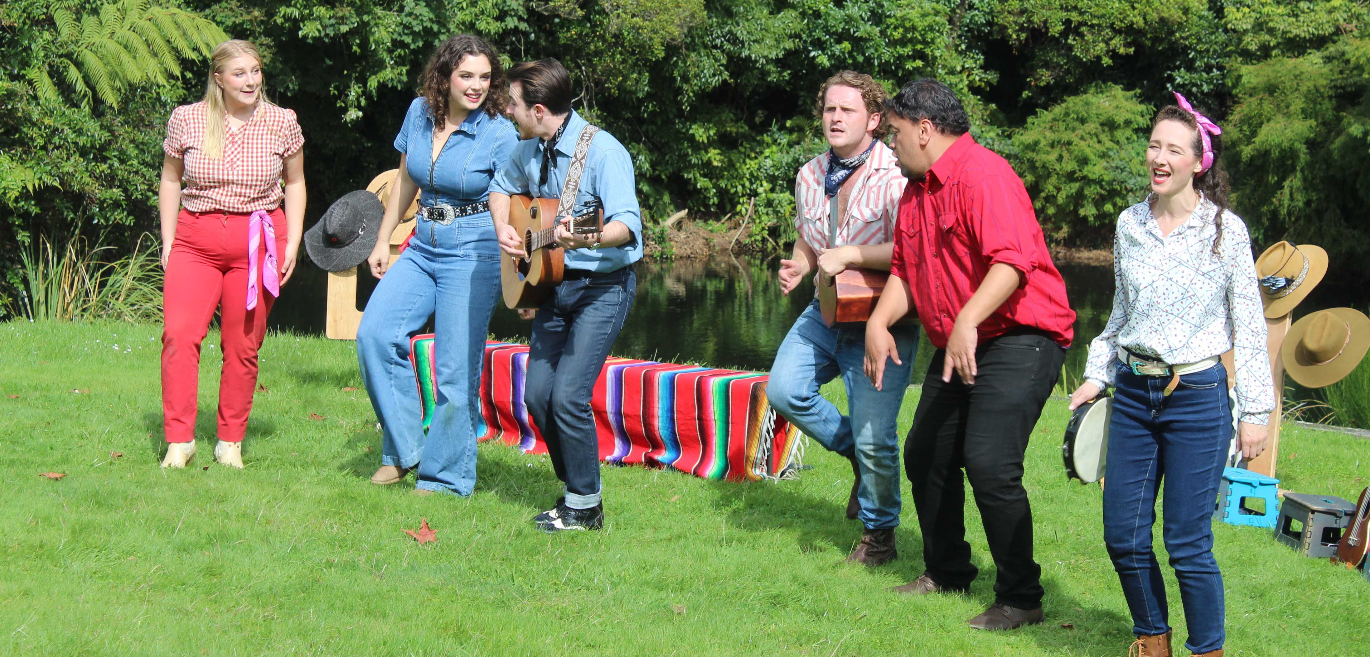 The Barden Party performed their third and final show in King Edward Park. From left: Lucia Evans, Mackenzie Gardner, Sam McIlroy, Caleb James, Wiremu Tuhiwai and Julia Guthrey. Photo / Alyssa Smith 