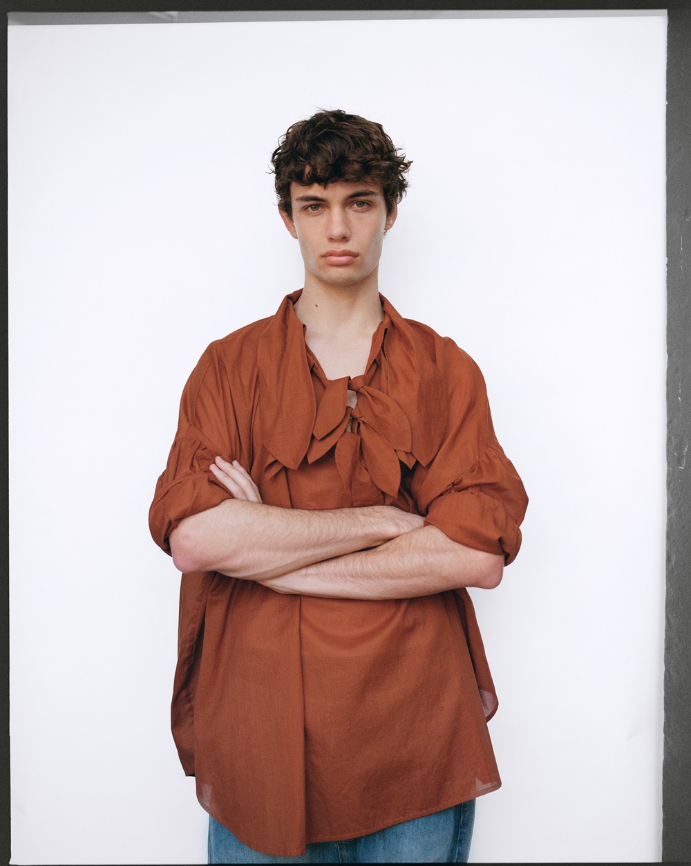 Sam Presland wears shirt by Rory William Docherty and Manaaki jeans. Photo / Rob Tennent