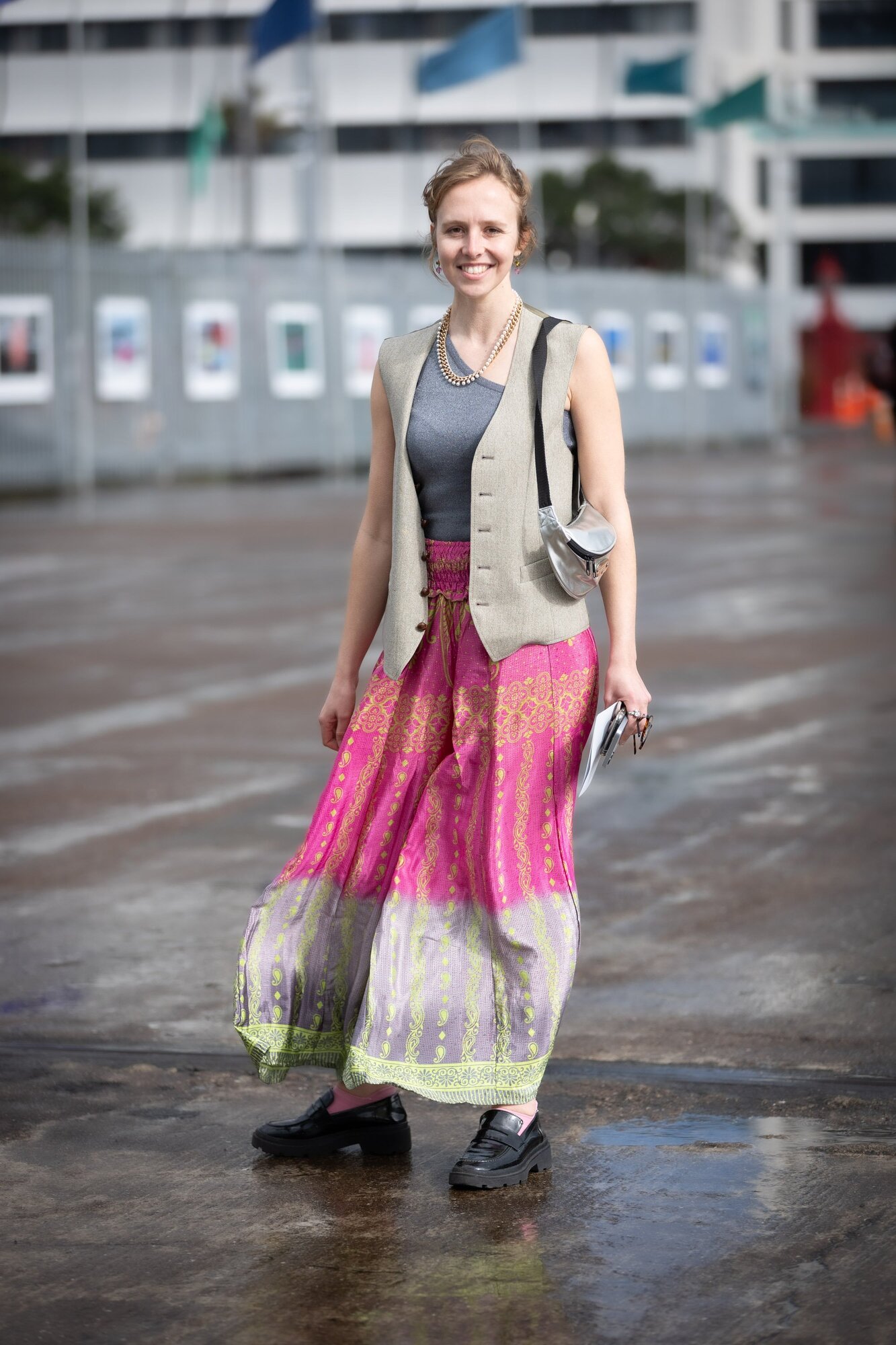 Anne Hospers wears a pants purchased the day before at Third Eye on Karangahape Road. The waistcoat is vintage, thrifted from her mum's wardrobe, 