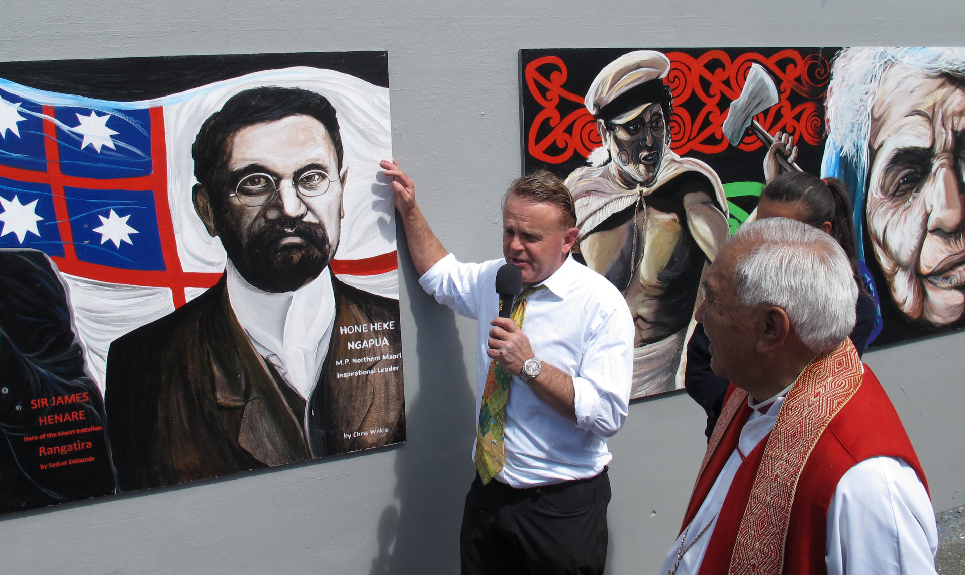 A portrait of Hōne Heke Ngāpua was unveiled at Kaikohe in 2013 by art teacher Chris Wilkie (centre) and Bishop Ben Te Haara. Photo / File