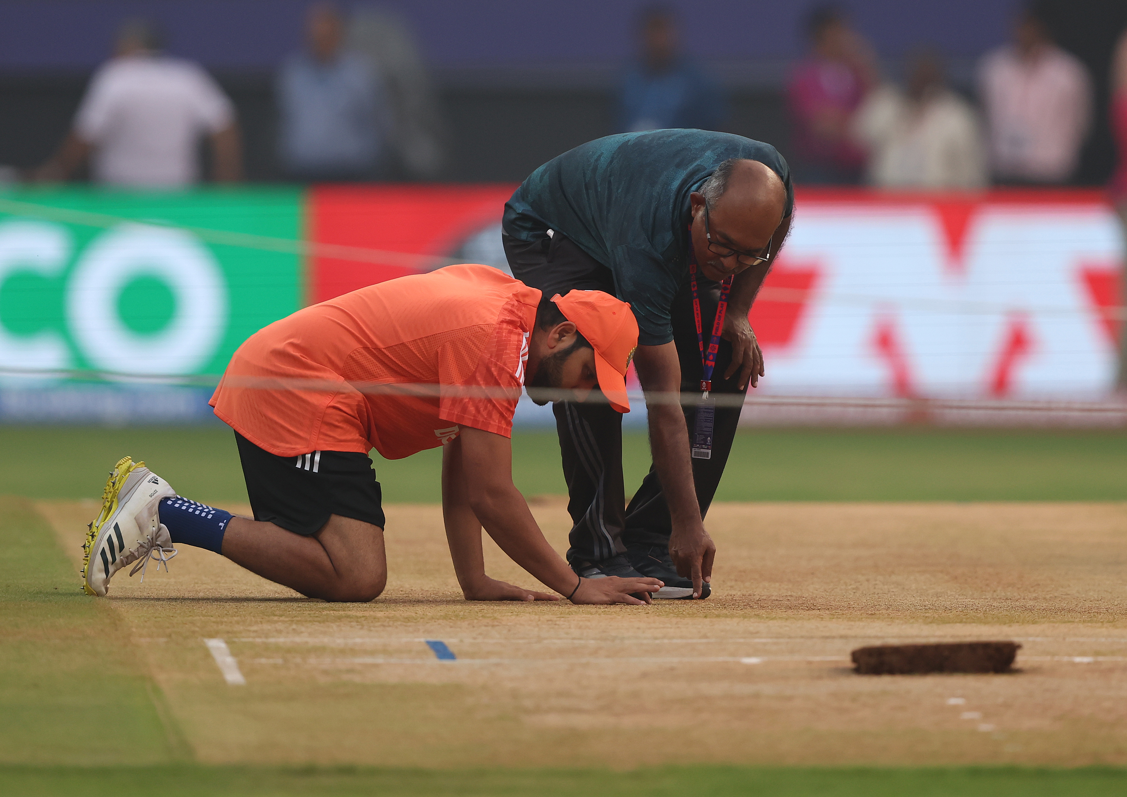 India's Rohit Sharma inspects the pitch at Wankhede Stadium. Photo / Getty Images