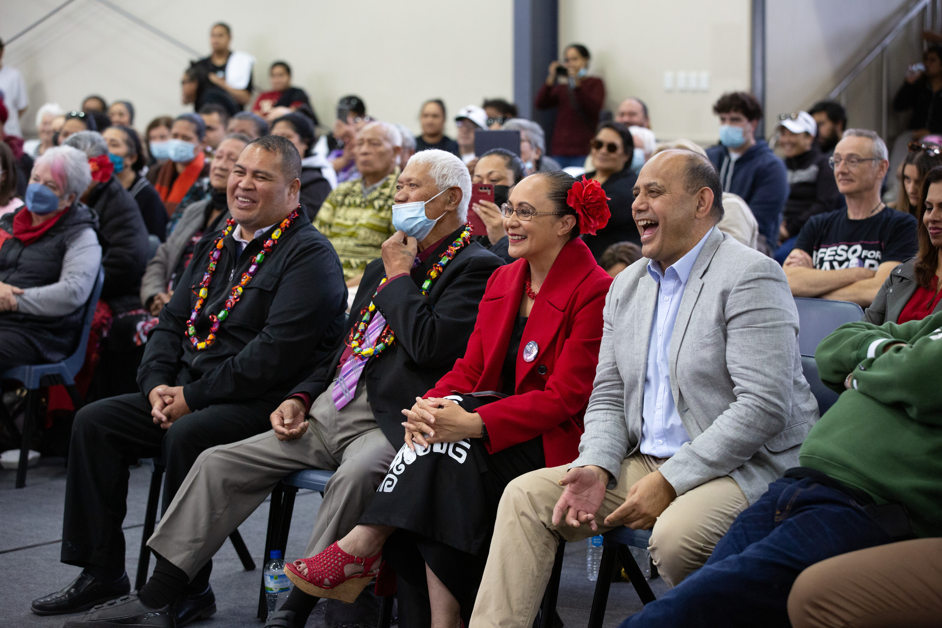 Labour's Jenny Salesa and Willie Jackson enjoying a joke by Efeso Collins. Photo / Sylvie Whinray