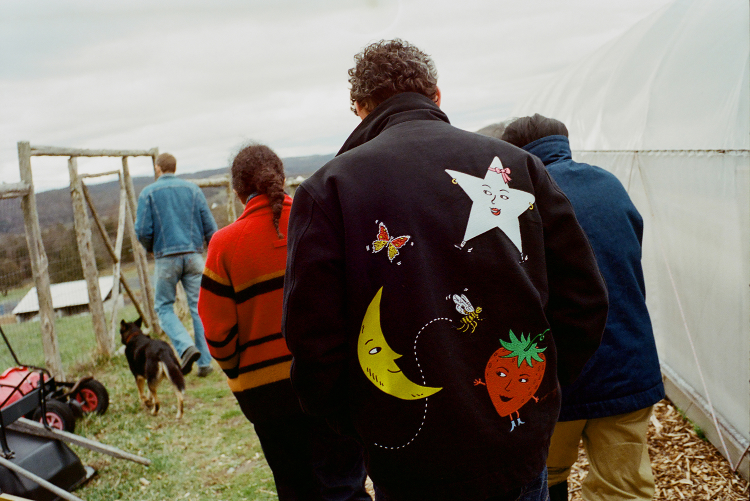 From left, Dan Colen and his farm friends Sarah Workneh, Joshua Bardfield and Phil Haynes at Sky High Farm. Photo / Alex Hodor-Lee, The New York Times