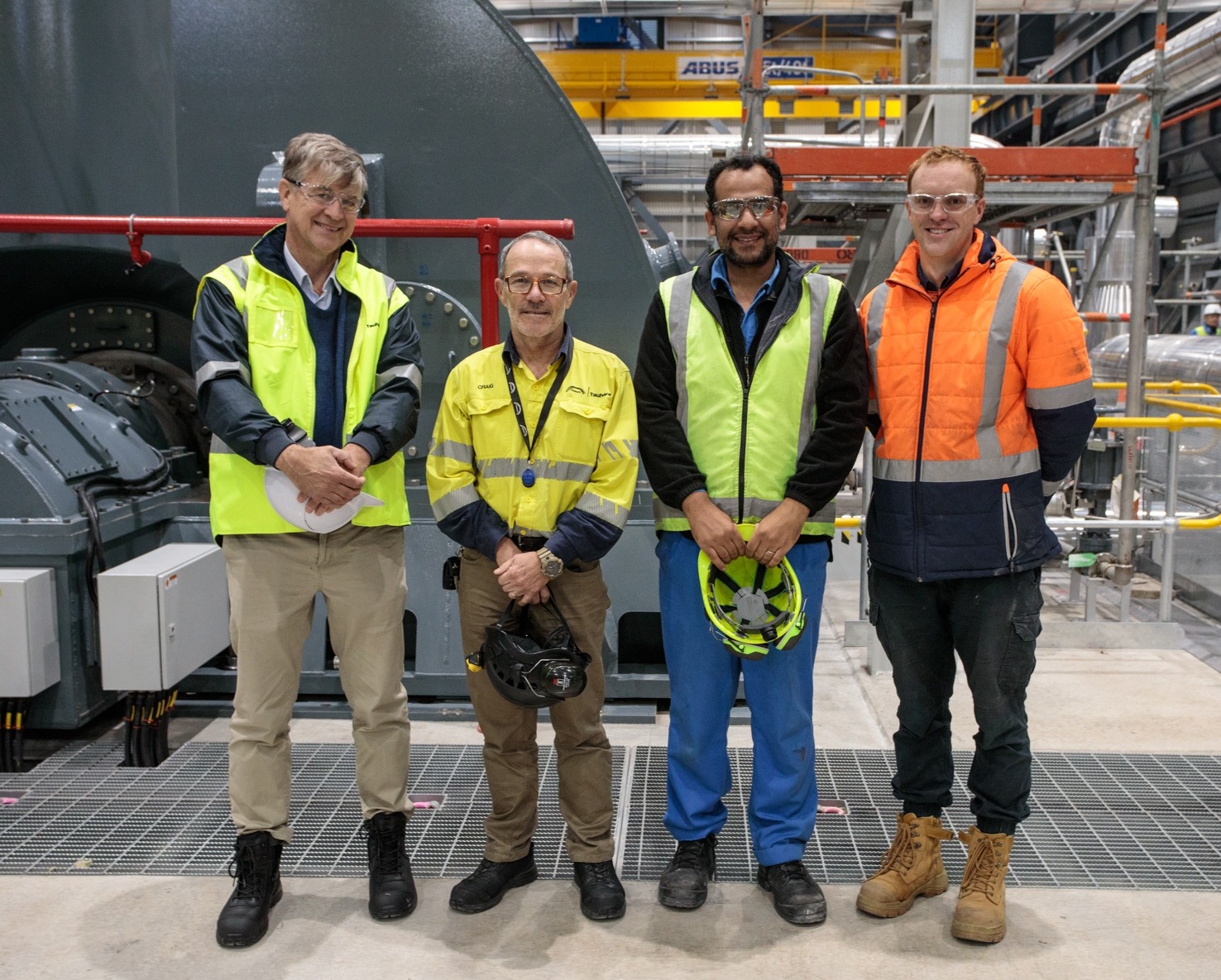 Representatives gathered to celebrate the Tauhara turbine being switched on. From left: Contact chief executive Mike Fuge, Contact Tauhara project manager Craig Woolacott, Fuji Electric quality assurance manager Attia Mohamed and Sumimoto construction manager Leighton Taylor.