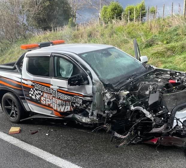 Bruce Robertson's ute was badly damaged in the two-vehicle collision on SH1 near Hunterville on Sunday, June 21 2026. Photo / Supplied