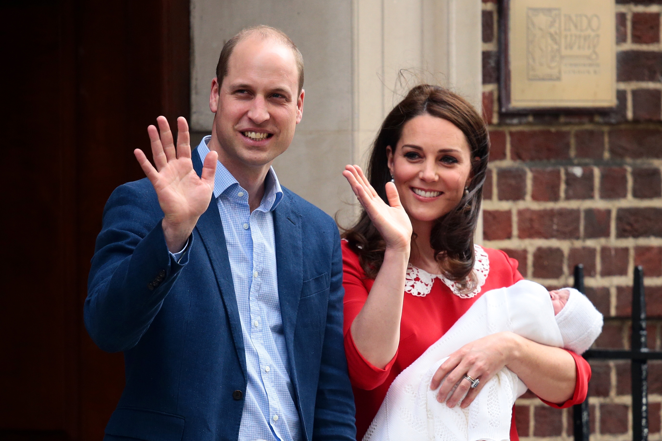 Prince William and Kate Duchess of Cambridge pose for photographers with their newborn baby boy Prince Louis outside the Lindo Wing of St Mary's Hospital on April 23, 2018. Photo / Getty Images