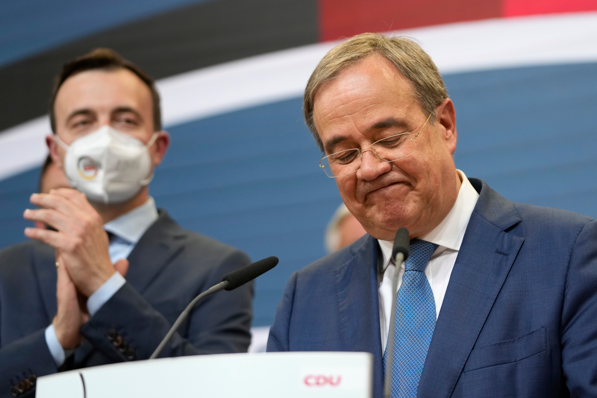 Armin Laschet, the top CDU candidate grimaces as results come in at the Christian Democratic Union, CDU, party's headquarters. Photo / Markus Schreiber, AP