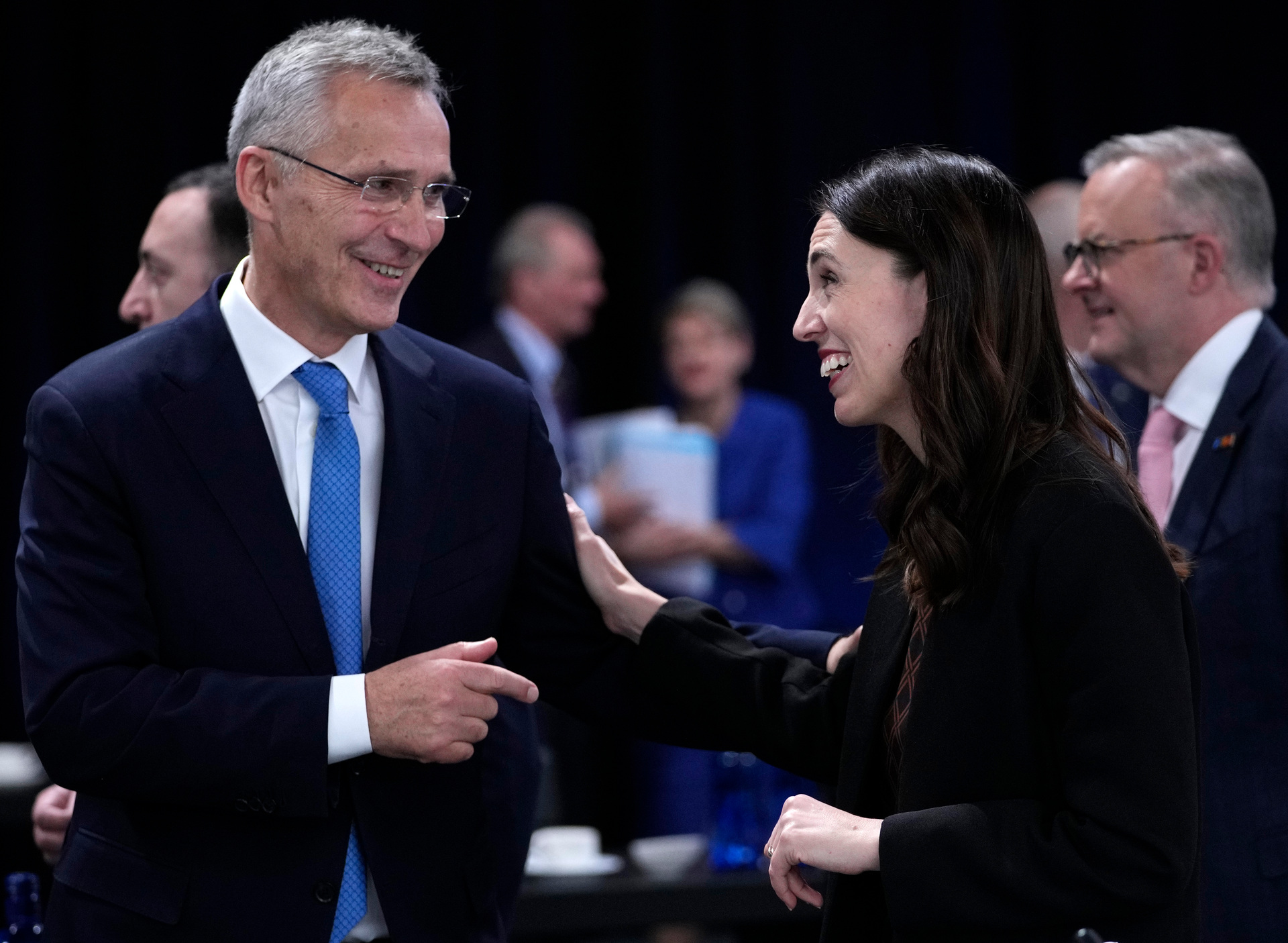 Prime Minister Jacinda Ardern speaks with Nato Secretary-General Jens Stoltenberg at the Nato summit in Madrid. Photo / AP