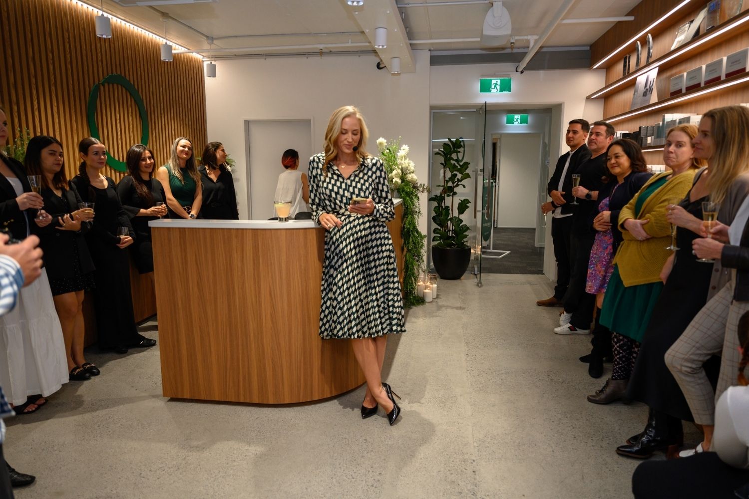 The Face Place founder Dr Cat Stone addresses guests at the launch party of the new Auckland CBD clinic. Photo / Kontent & Co.