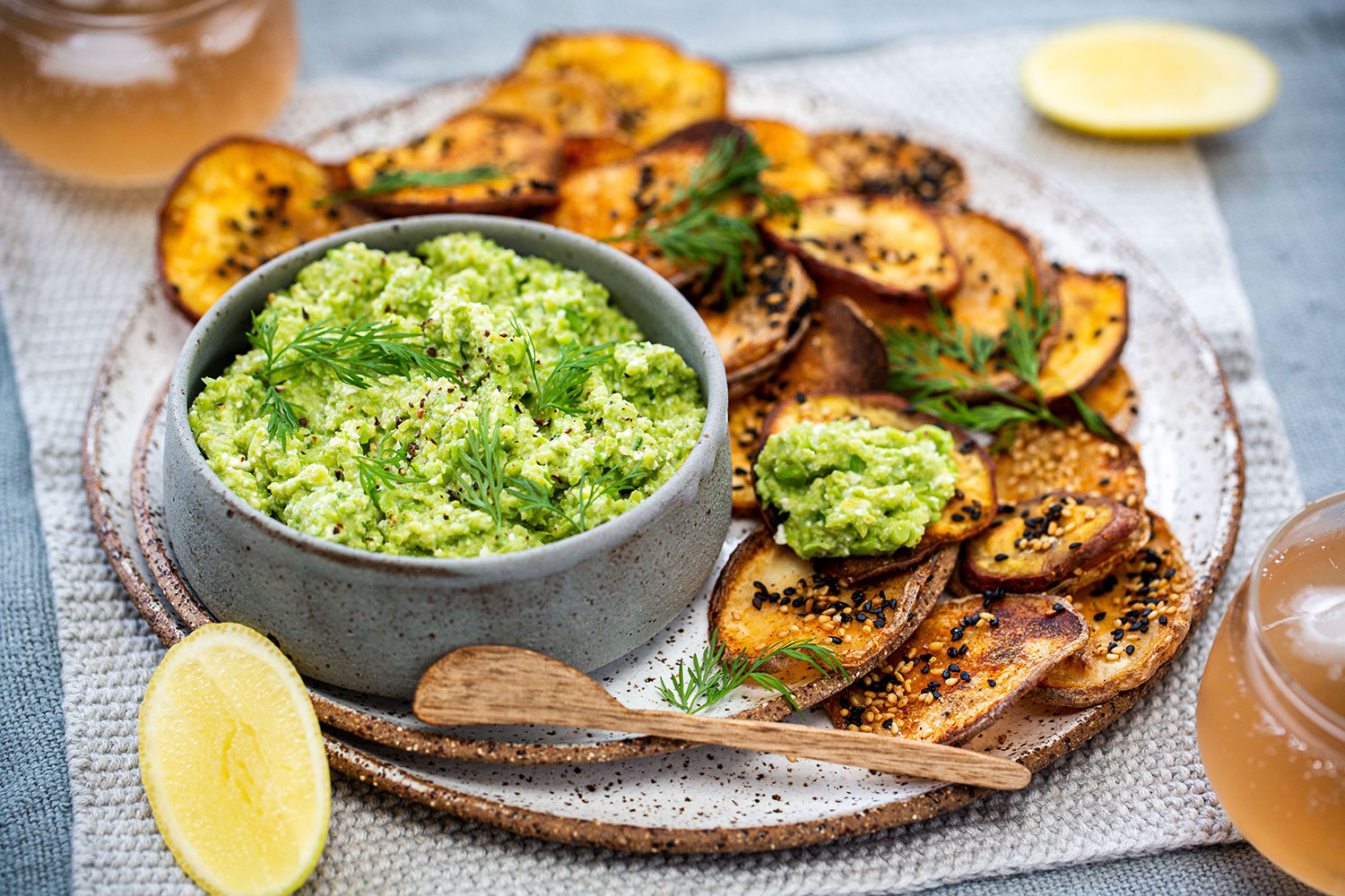 Broad bean dip with sesame vegetables. Photo / Babiche Martens