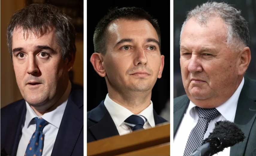 Chris Bishop (left), Simeon Brown and Shane Jones, as infrastructure, transport and regional development ministers respectively, would have the final say on a number of infrastructure projects if the Government's Fast-track Approvals Bill goes ahead. Photo /  RNZ.