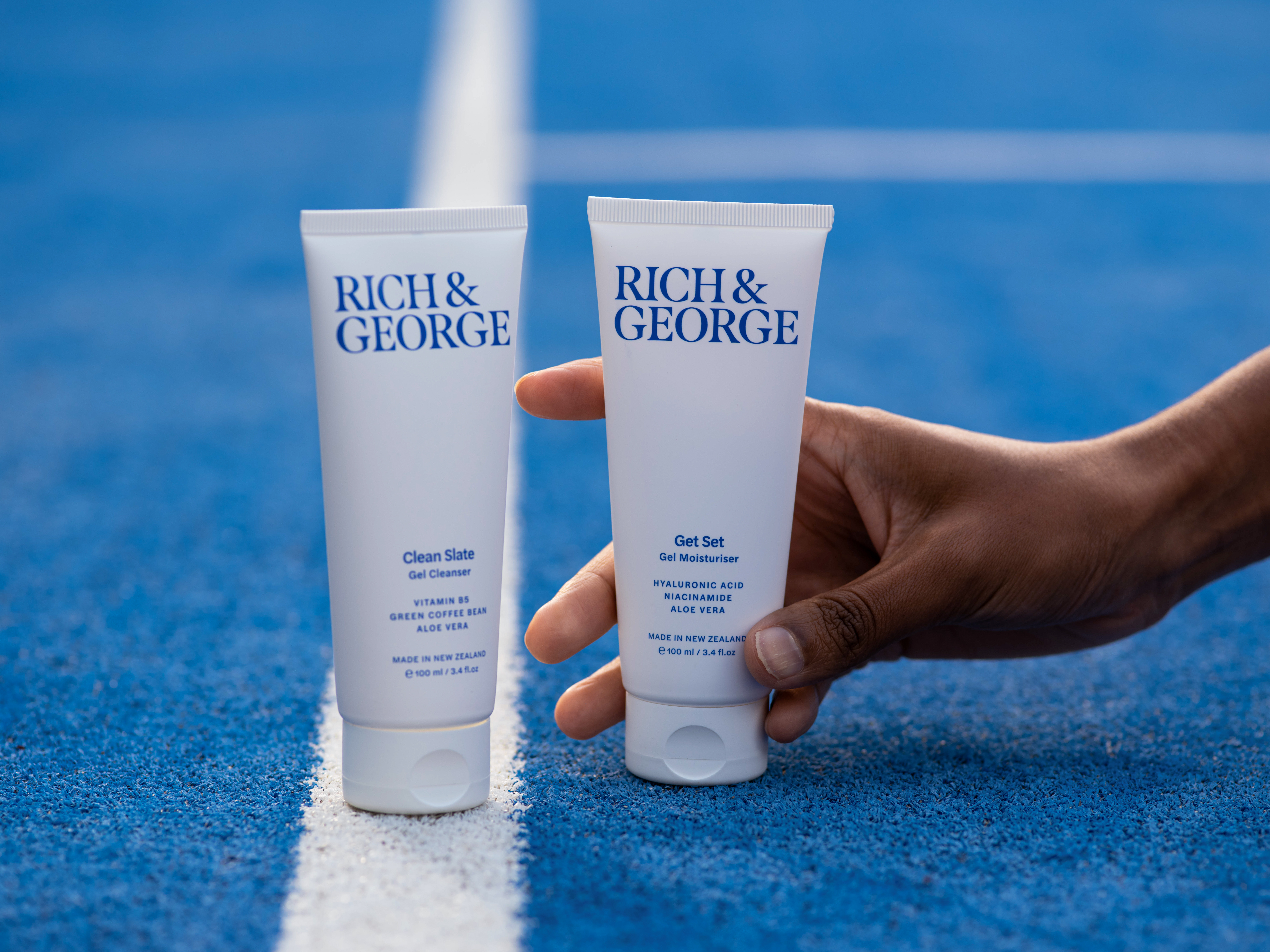 Rich & George Clean Slate Gel Cleanser and Get Set Gel Moisturiser. Photo / Supplied
