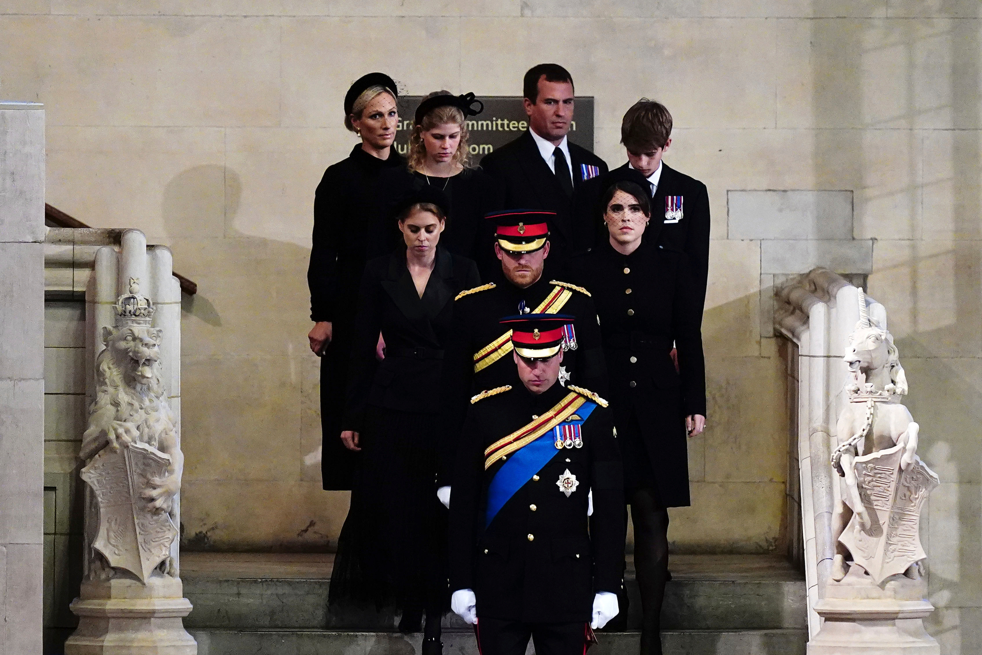 Left to right: Zara Tindall, Lady Louise, Princess Beatrice, Prince William, Prince Harry, Princess Eugenie, Viscount James Severn and Peter Phillips attend the vigil of their grandmother. Photo / AP
