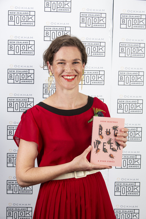 Whanganui writer Airini Beautrais winning the Jann Medlicott Acorn Prize for Fiction.