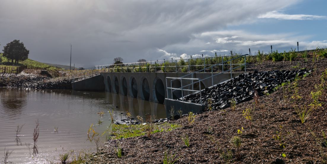 The 11-barrel culvert on the motorway. Photo / Waka Kotahi