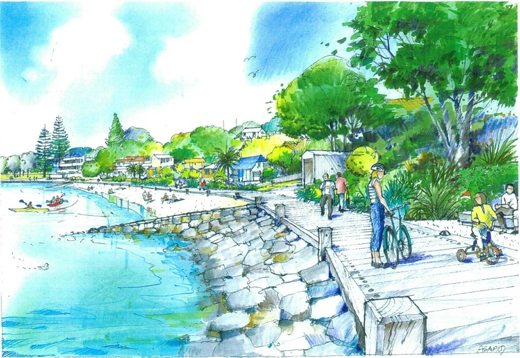 An artist's impression from a 2007 iteration of a potential walkway from Memorial Park to The Strand. Image / Tauranga City Council