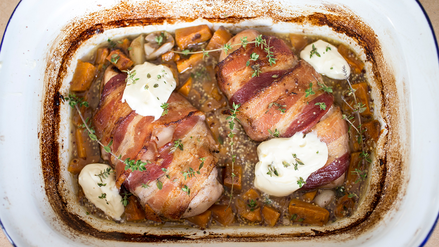Bacon-wrapped chicken with kumara-image