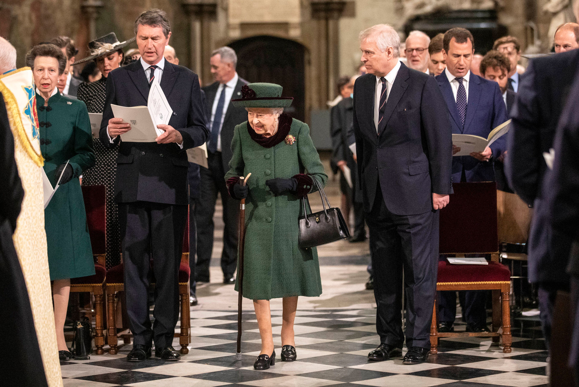 Queen Elizabeth II and Prince Andrew, centre right, arrive for a Service of Thanksgiving for the life of Prince Philip. Photo / Richard Pohle, Pool via AP