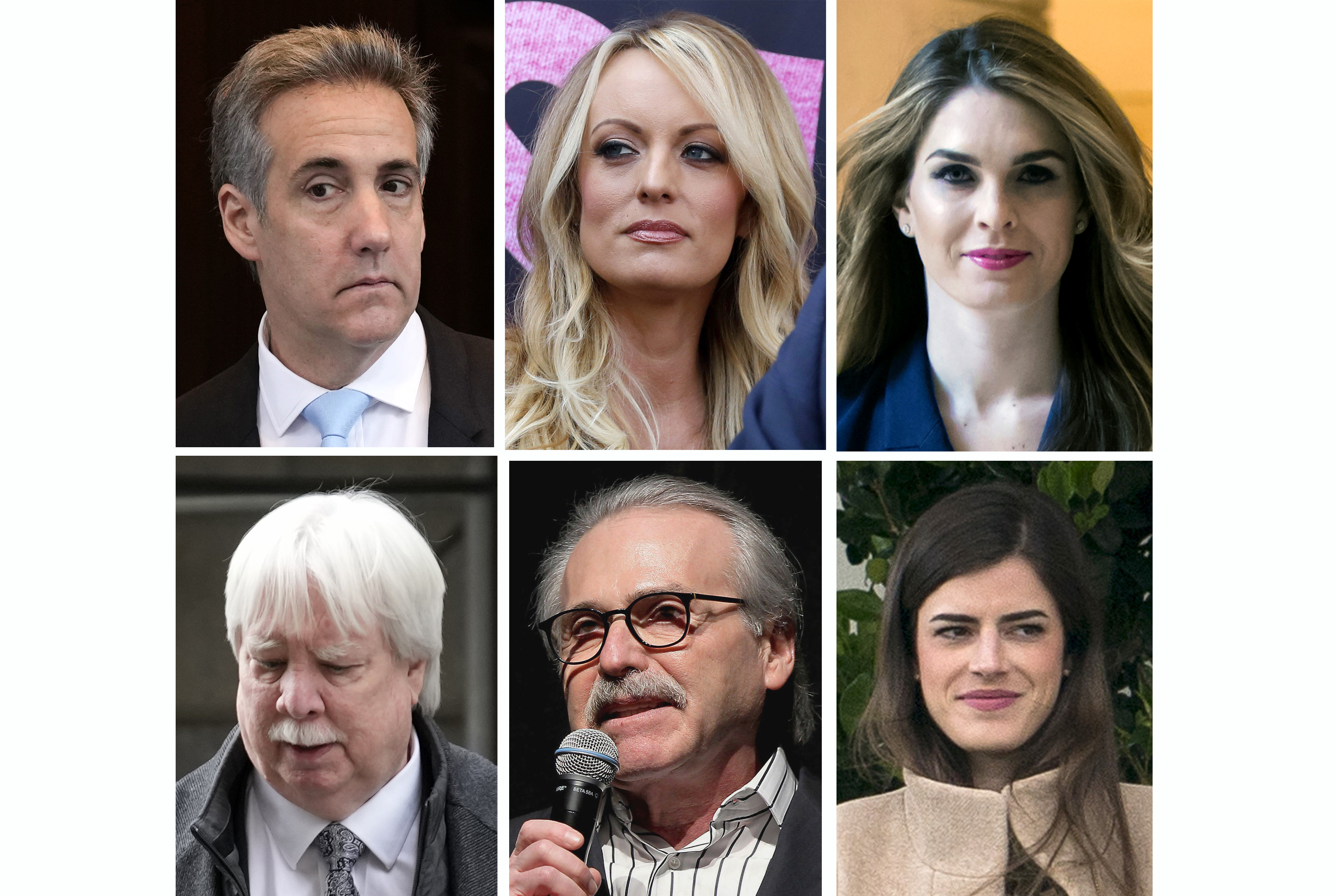 This combination photo shows, top row from left, Michael Cohen, Stormy Daniels, Hope Hicks, Jeffrey McConney, David Pecker, Madeleine Westerhout. After 22 witnesses, testimony is over at former President Donald Trump's criminal trial in New York. Image / AP