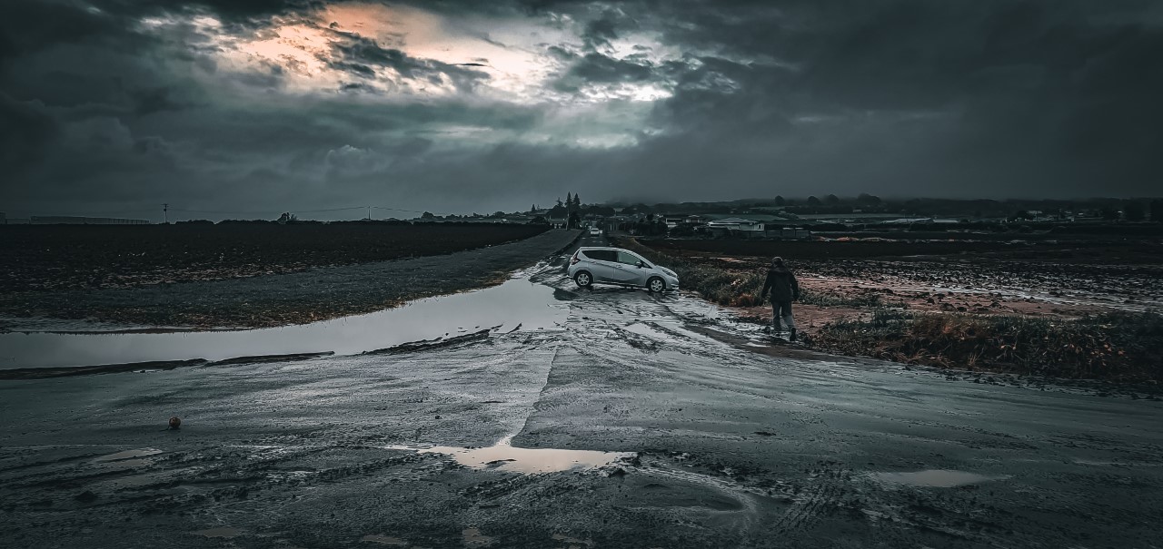 An abandoned car blocking the road in Belmont, Pukekohe after the flooding from last night. Photo / Greg Bryan-Marshall