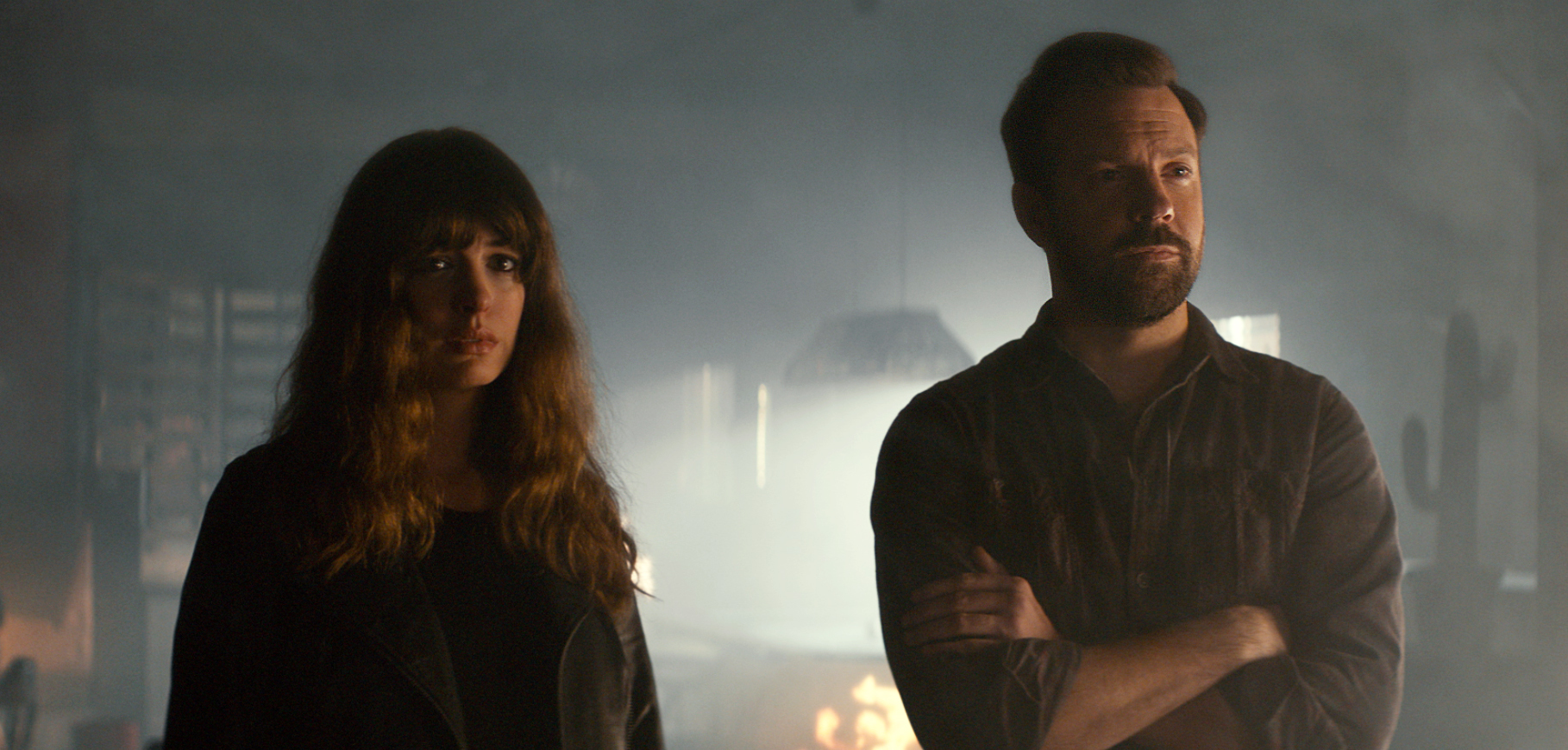 Jason Sudeikis, right, and Anne Hathaway appear in a scene from, 