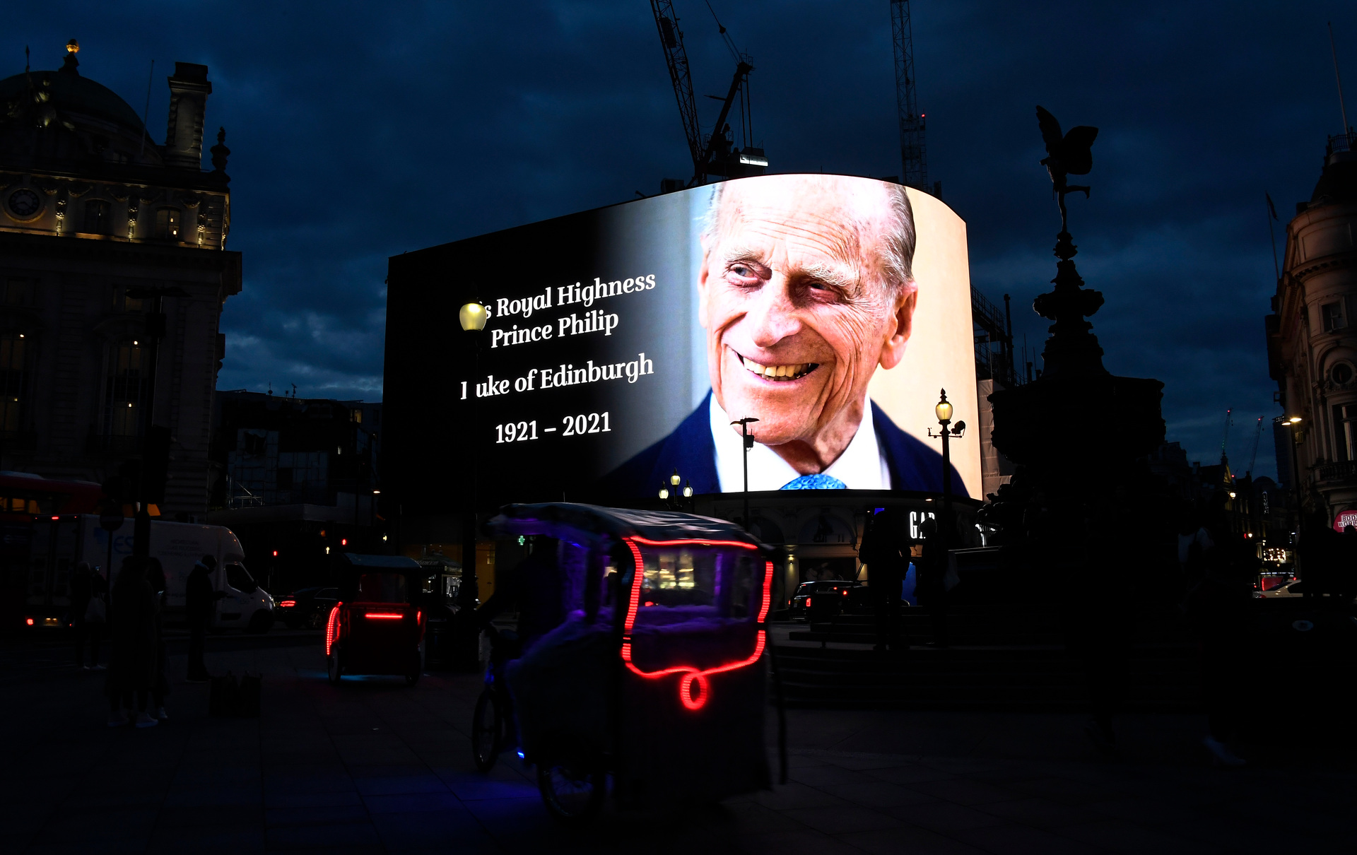 A tribute to Britain's Prince Philip is projected onto a large screen at Piccadilly Circus in London following the news of his death. Photo / AP