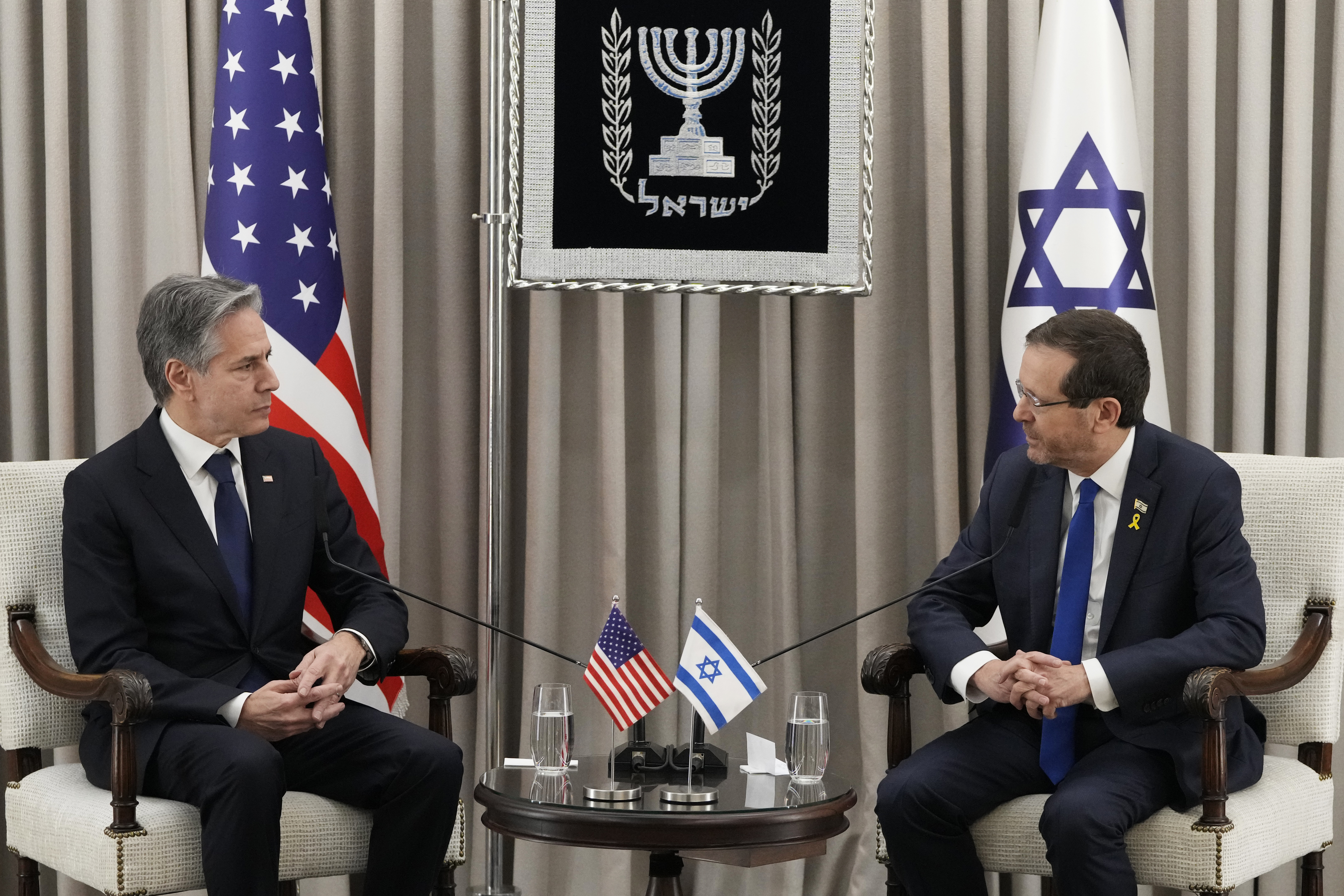 US Secretary of State Antony Blinken, left, and Israel's President Isaac Herzog talk during their meeting at the president's Residence in Jerusalem, Israel on February 7. Photo / AP