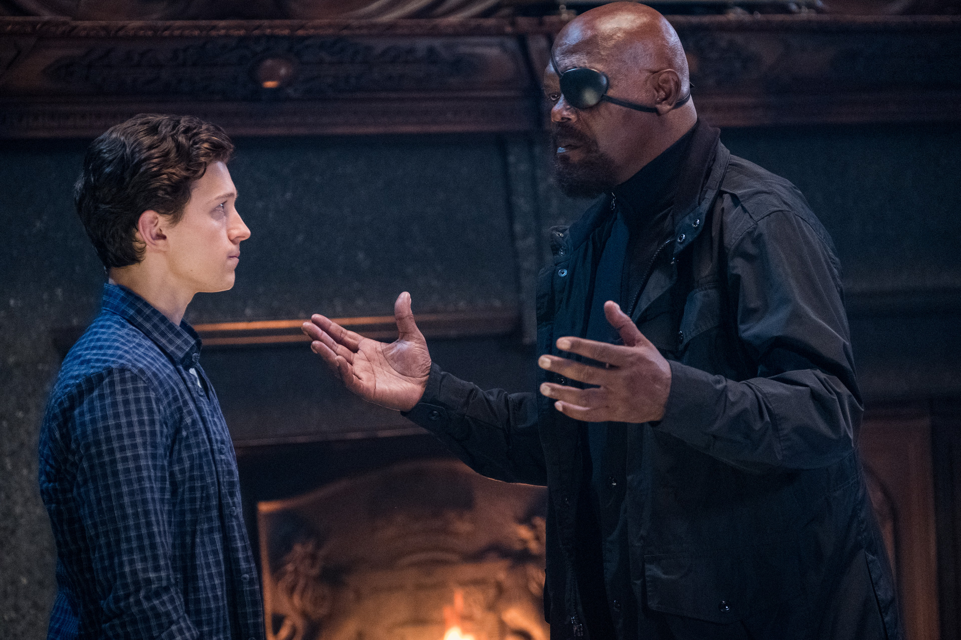 Tom Holland and Samuel L. Jackson's characters have their differences in Spider-Man: Far From Home. Photo / Supplied.