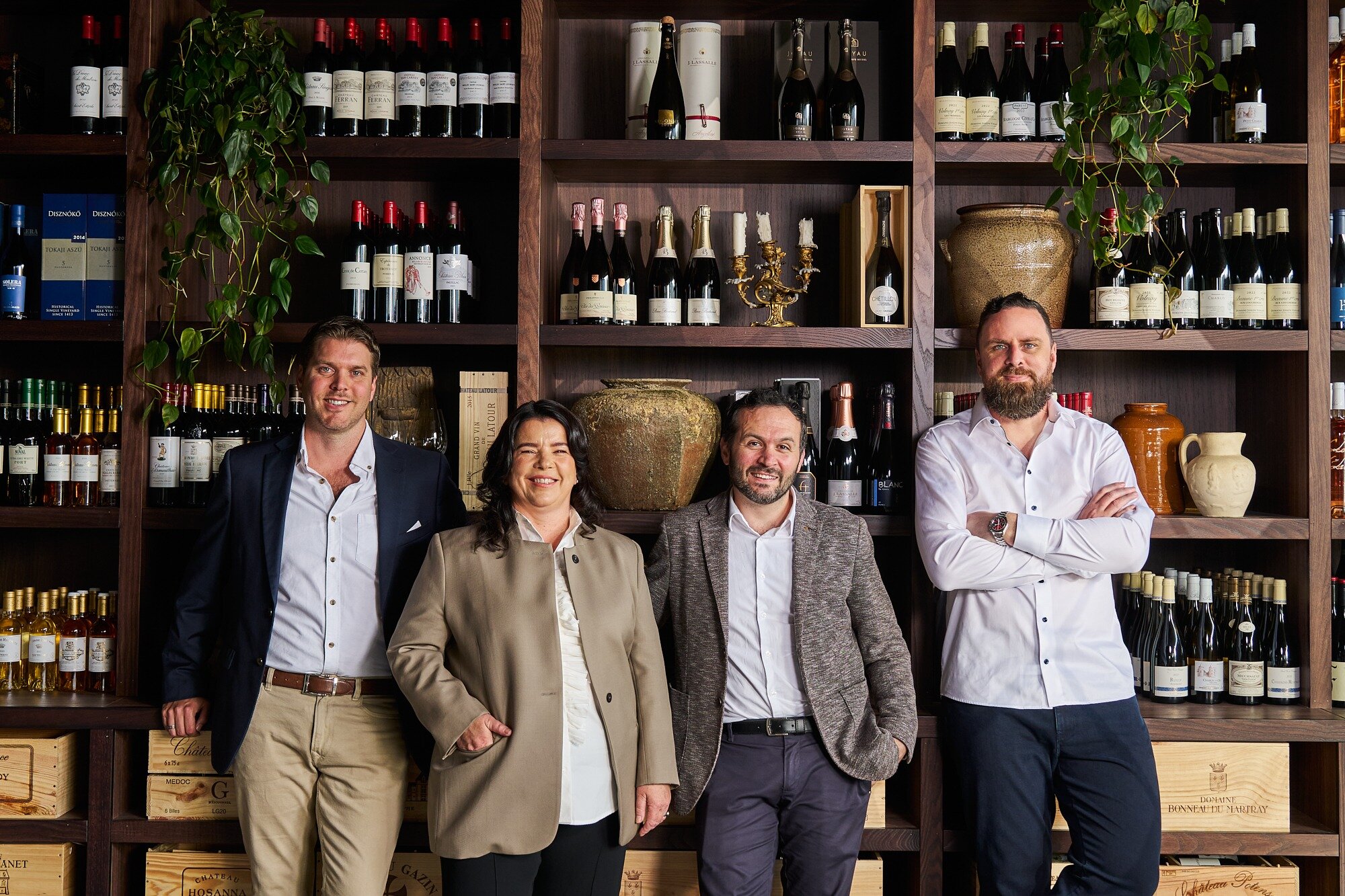 The Normanby Fine Wine & Spirits team is Anthony “T” Sorensen (left), Liz Wheadon, Andrea Martinisi and Zane Winskill. Photo / Lucko Prawito