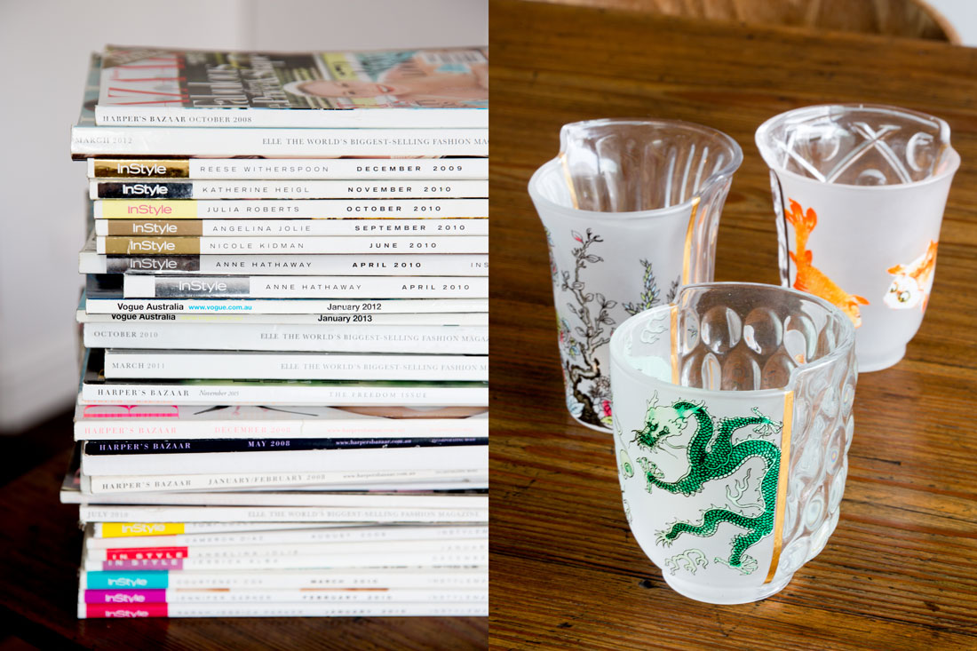Lauren's magazine archive and Sarah's favourite glasses. Picture / Babiche Martens