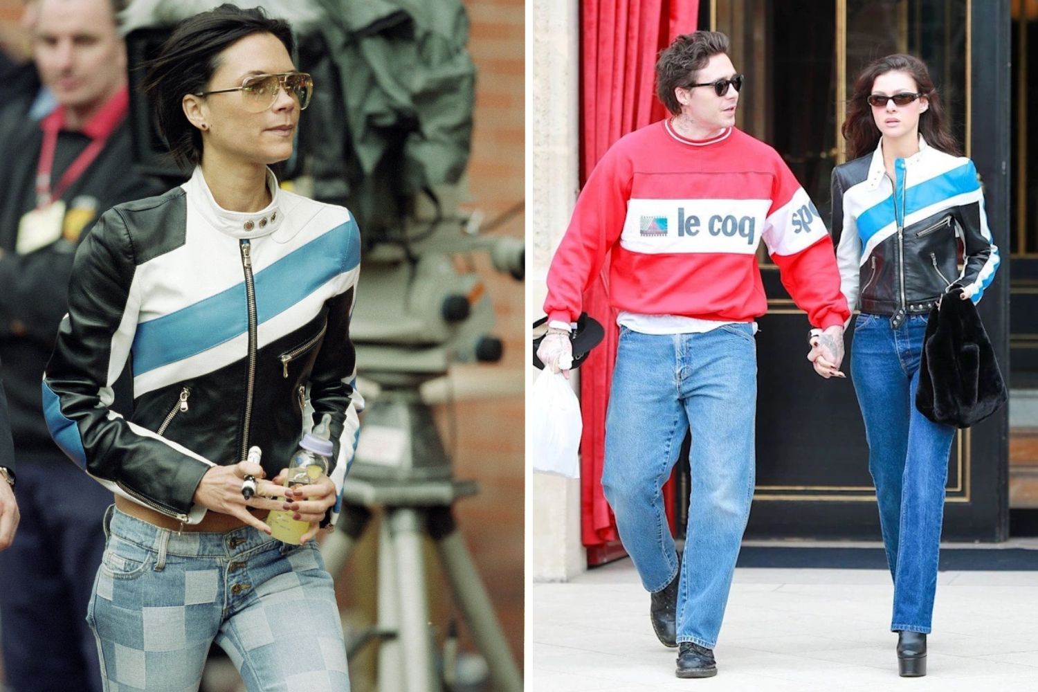 Left: Victoria Beckham in 2002; Right: Nicola Peltz-Beckham with husband Brooklyn Beckham in February. 