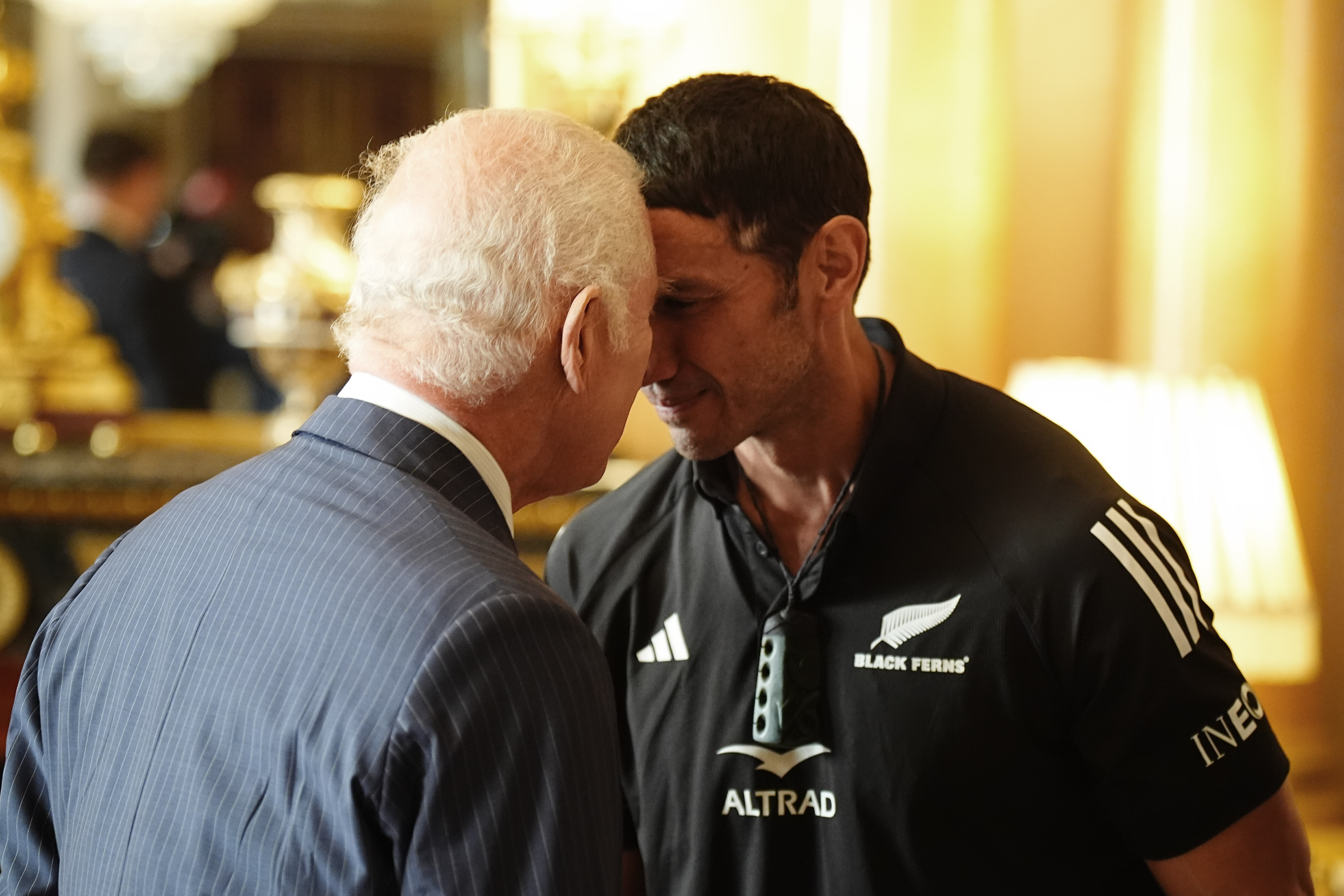 Black Ferns head coach Allan Bunting greets King Charles with a hongi. Photo / Getty Images