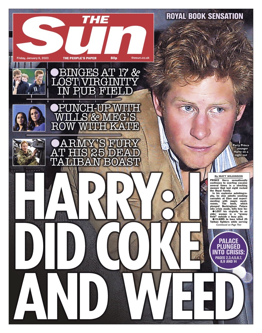 Tabloid The Sun went with Harry's admission of drug use for its front page.