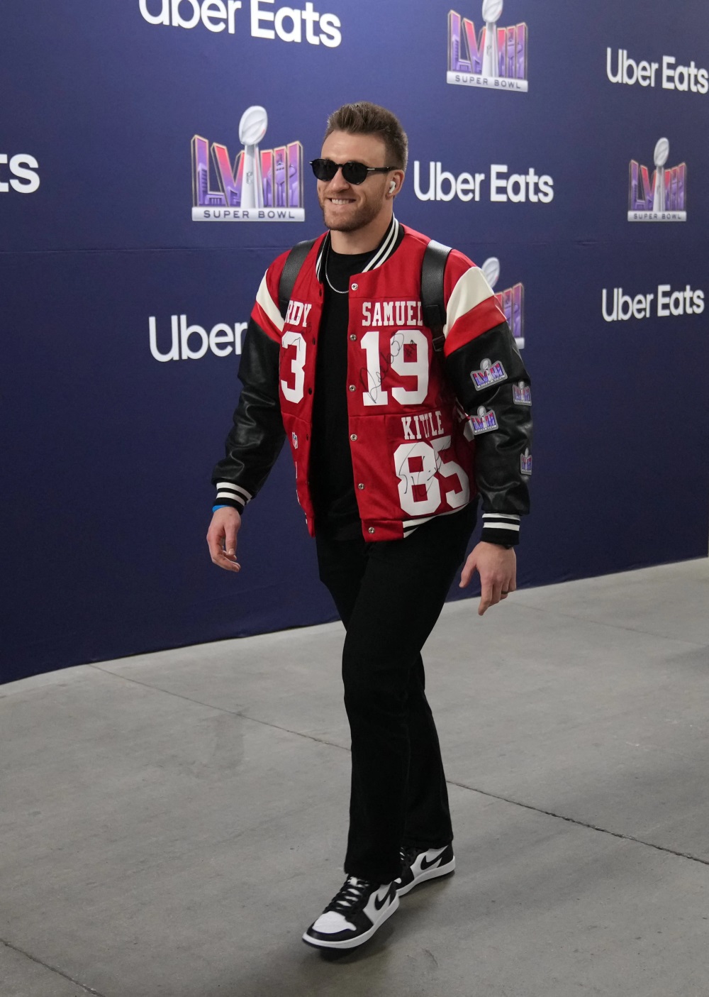San Francisco 49ers fullback Kyle Juszczyk wearing an upcycled jacket created by his wife Kristin. Photo / Getty Images