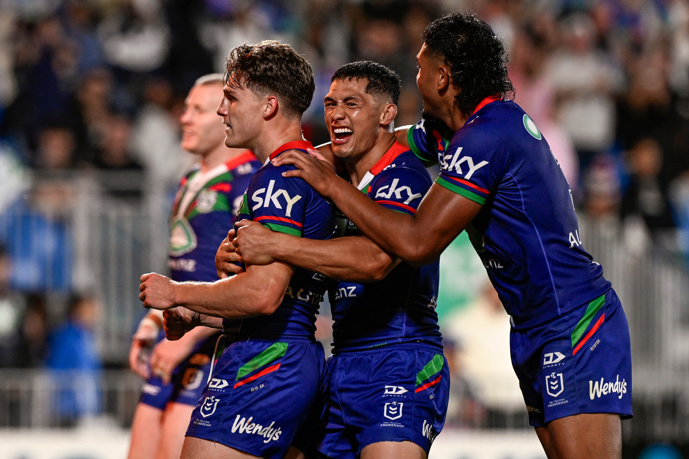Luke Metcalf celebrates a try in the Warriors' victory over the Sea Eagles at Go Media Stadium. Photo / Photosport