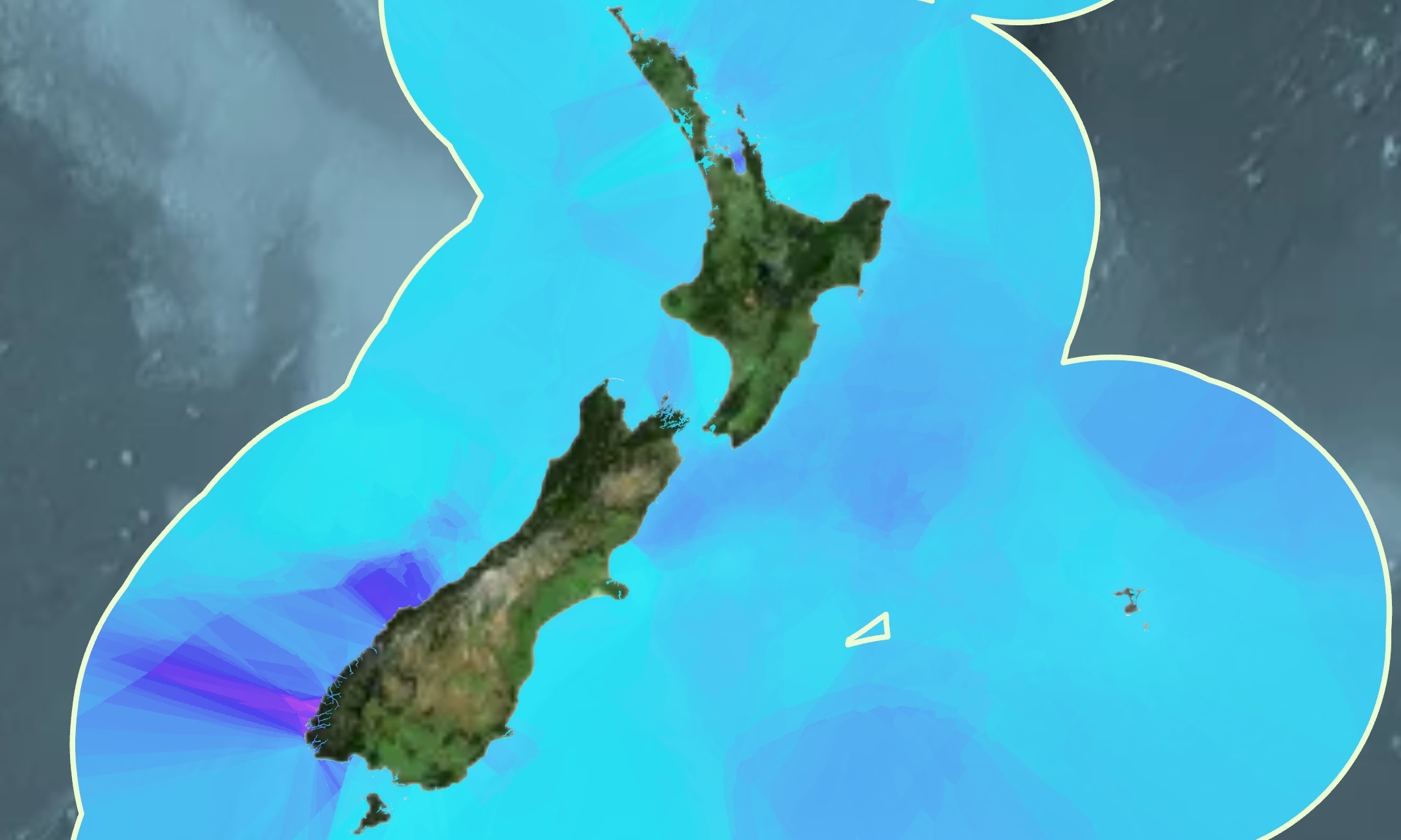 Scientists have calculated the marine sediments in New Zealand's ocean territory store more than 2 billion tonnes of organic carbon - of which the density is shown here in purple. Image / Parliamentary Commissioner for the Environment