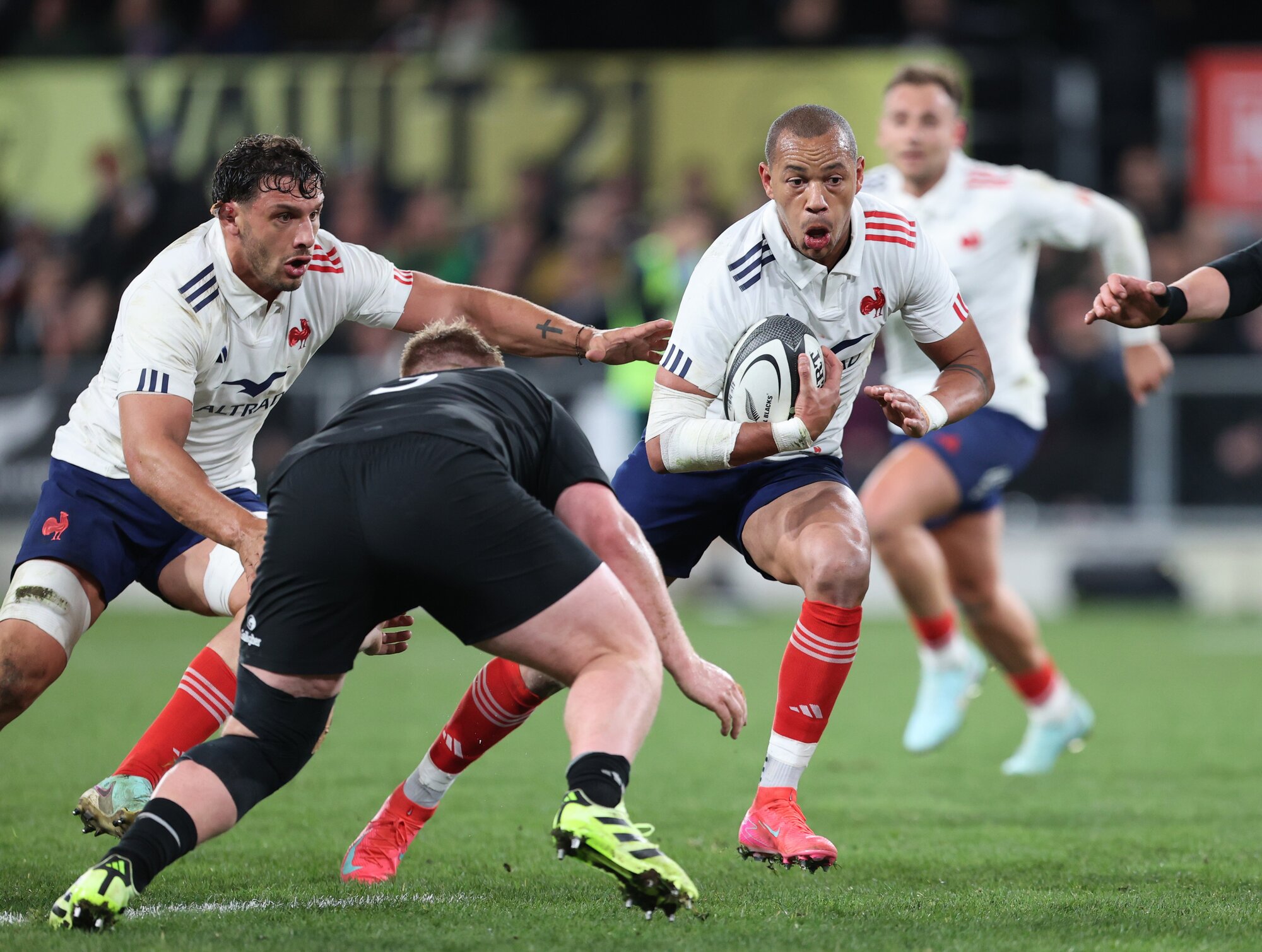 French skipper Gael Fickou on the charge last night. Photo / Photosport