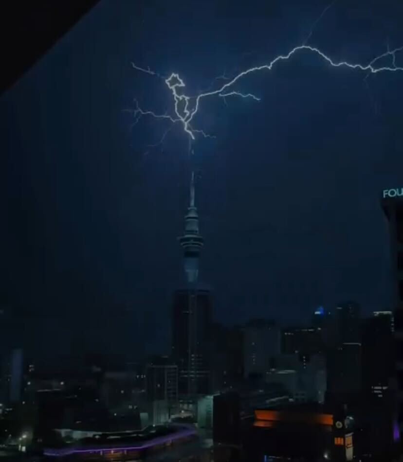 Lightning striking the Sky Tower during the storm that hit Auckland. Photo / Vishal Umashankar