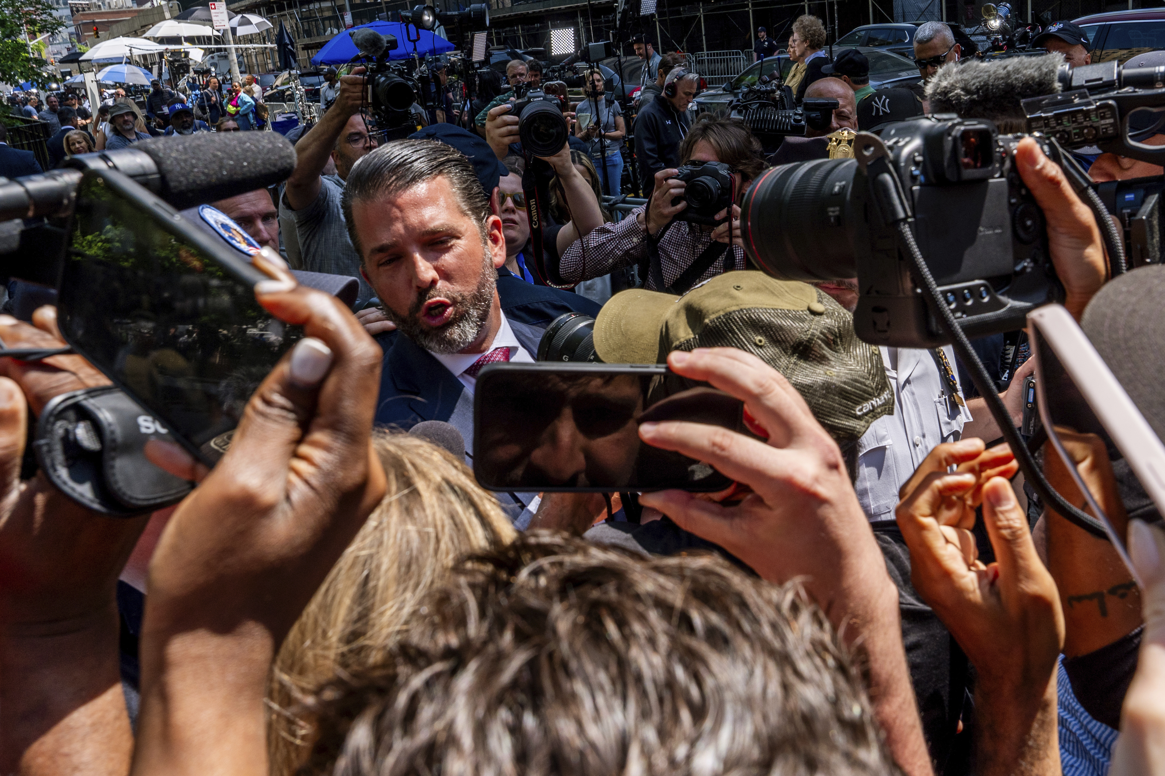 Donald Trump jnr speaks outside Manhattan criminal court in New York. Photo / AP