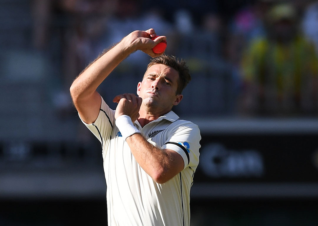 Tim Southee bowling during play on day 1 of the first day/night cricket test match in Perth last year. Photosport