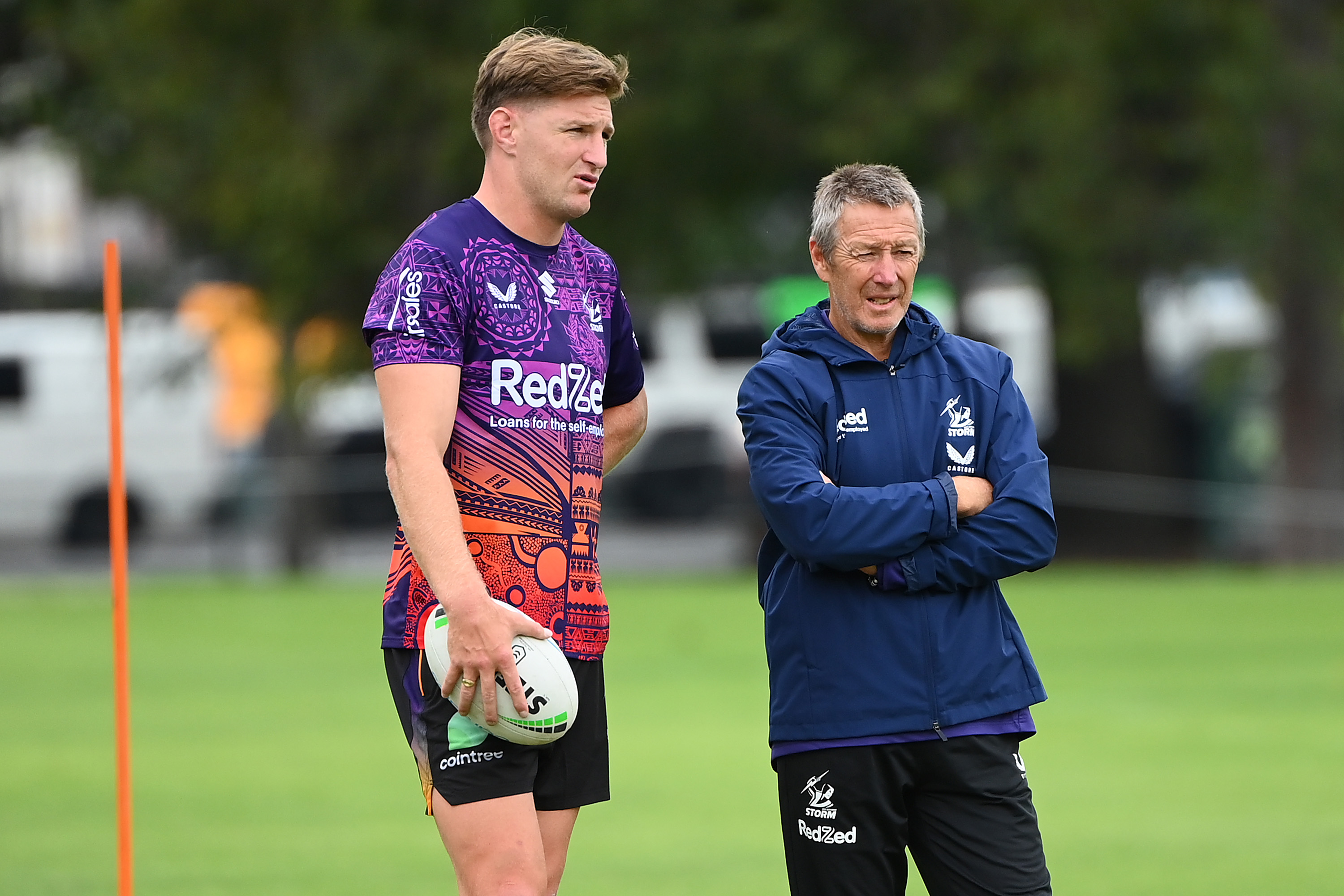 Jordie Barrett (left) with Melbourne Storm coach Craig Bellamy. Photo / Getty Images