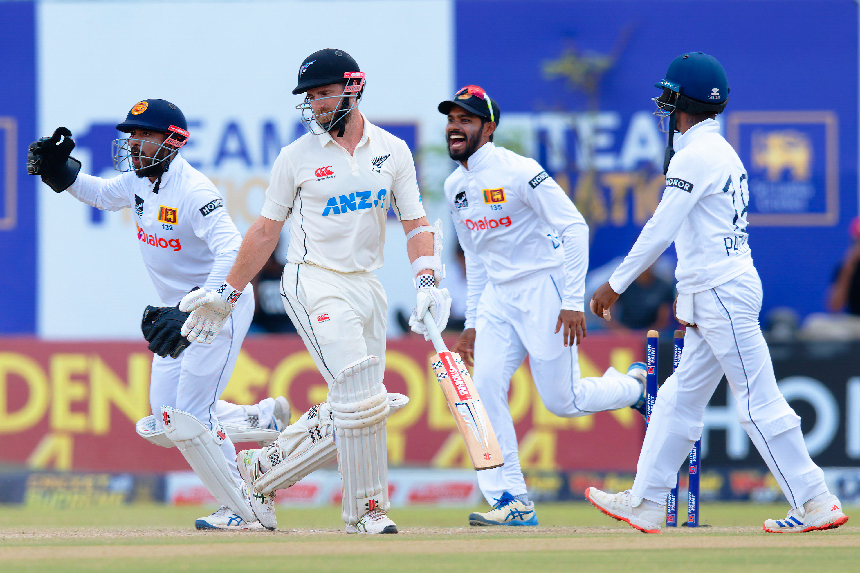 Sri Lanka celebrate the wicket of Kane Williamson. Photo / Cricket Sri Lanka