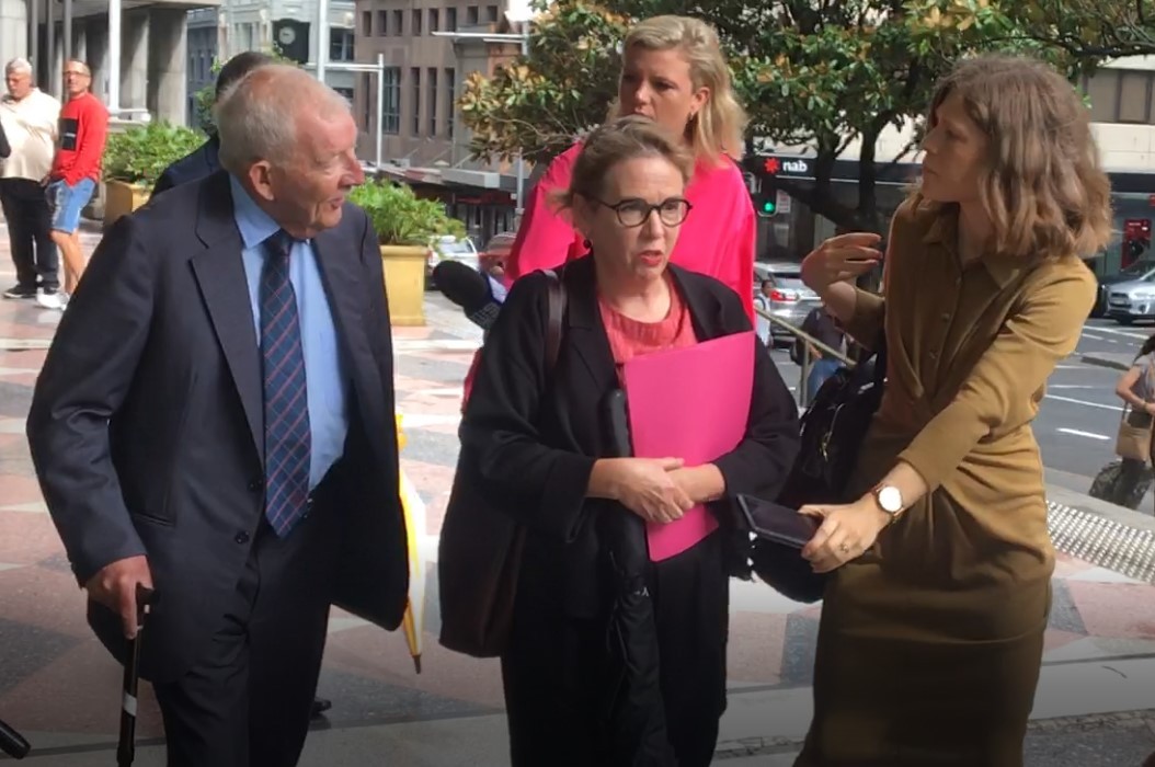 Sir Ron Brierley with lawyer Penny Musgrave facing questions outside a Sydney court. Photo / David Fisher