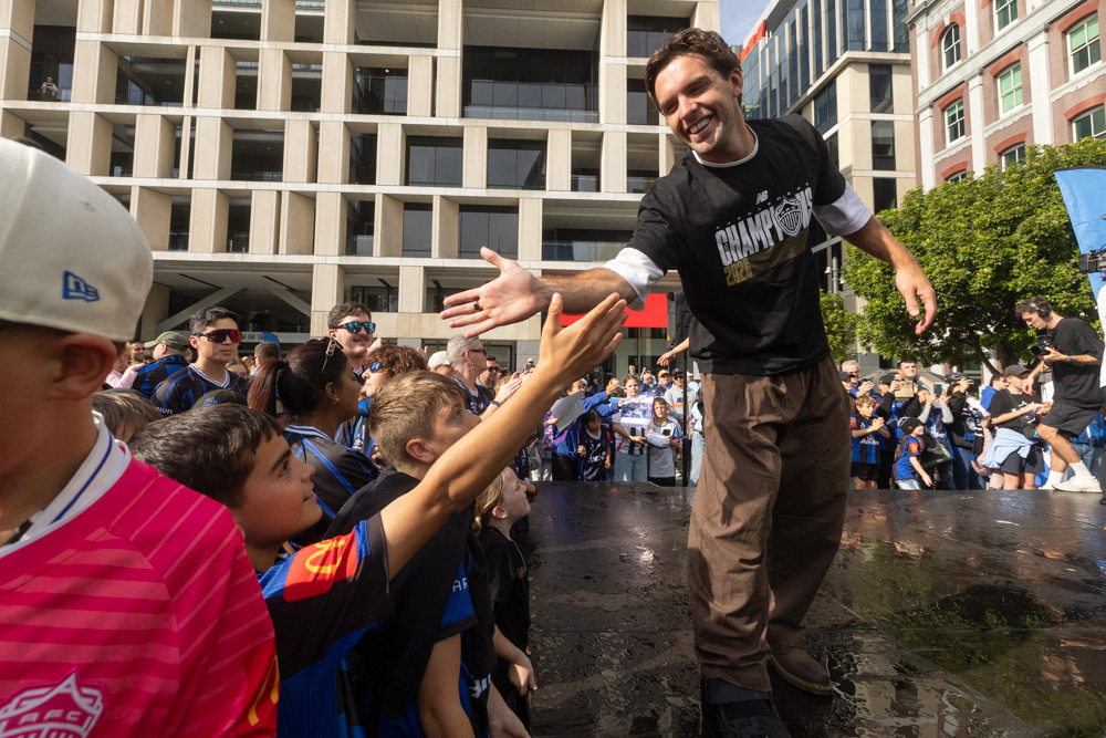 Guillermo May celebrates with fans after winning the A-League title. Photo / Jason Dorday