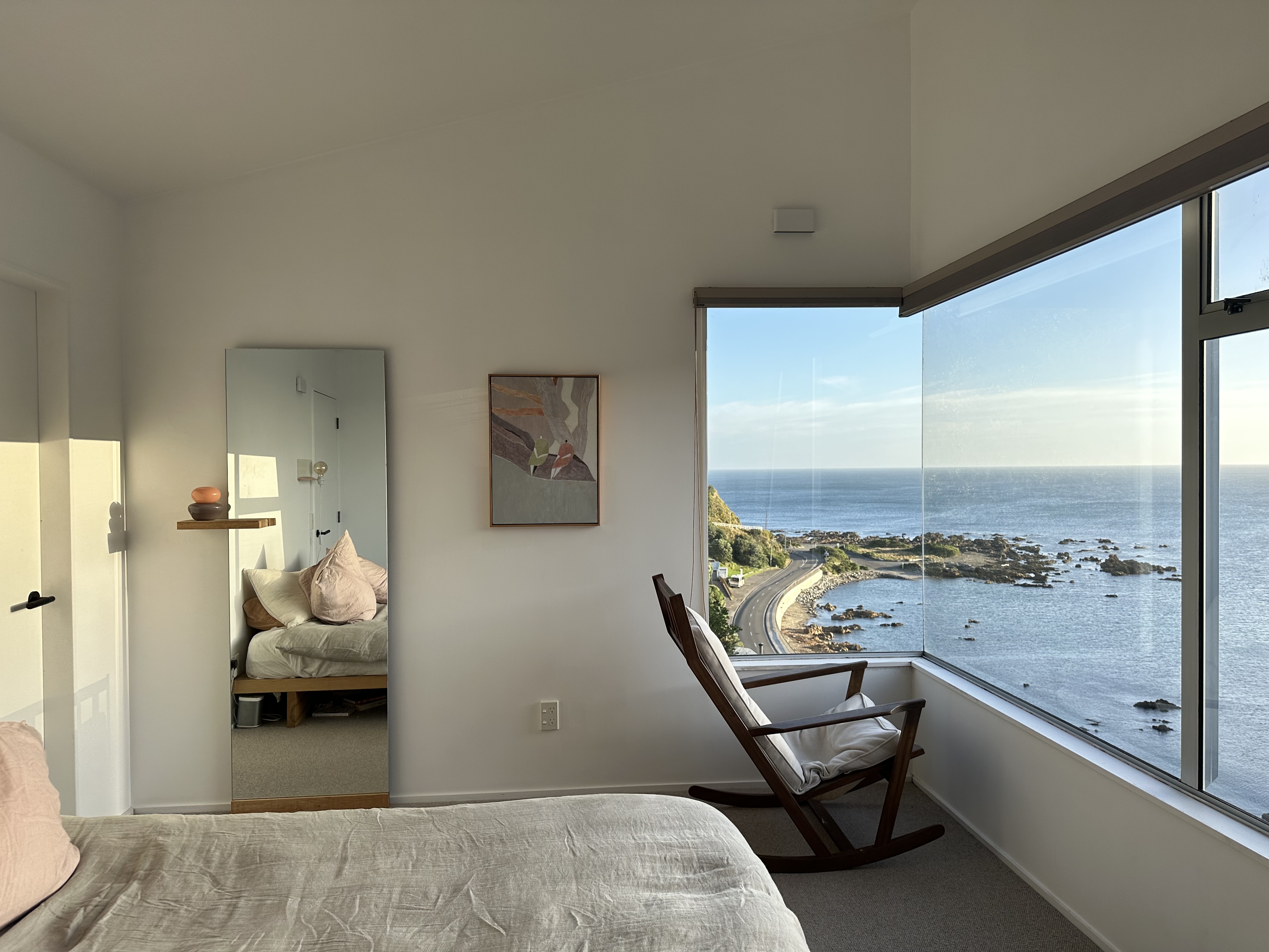 The breathtaking view from Frances' bedroom looking out towards Tapuae-O-Uenuku and the Kaikoura mountain range. Photo / Supplied 