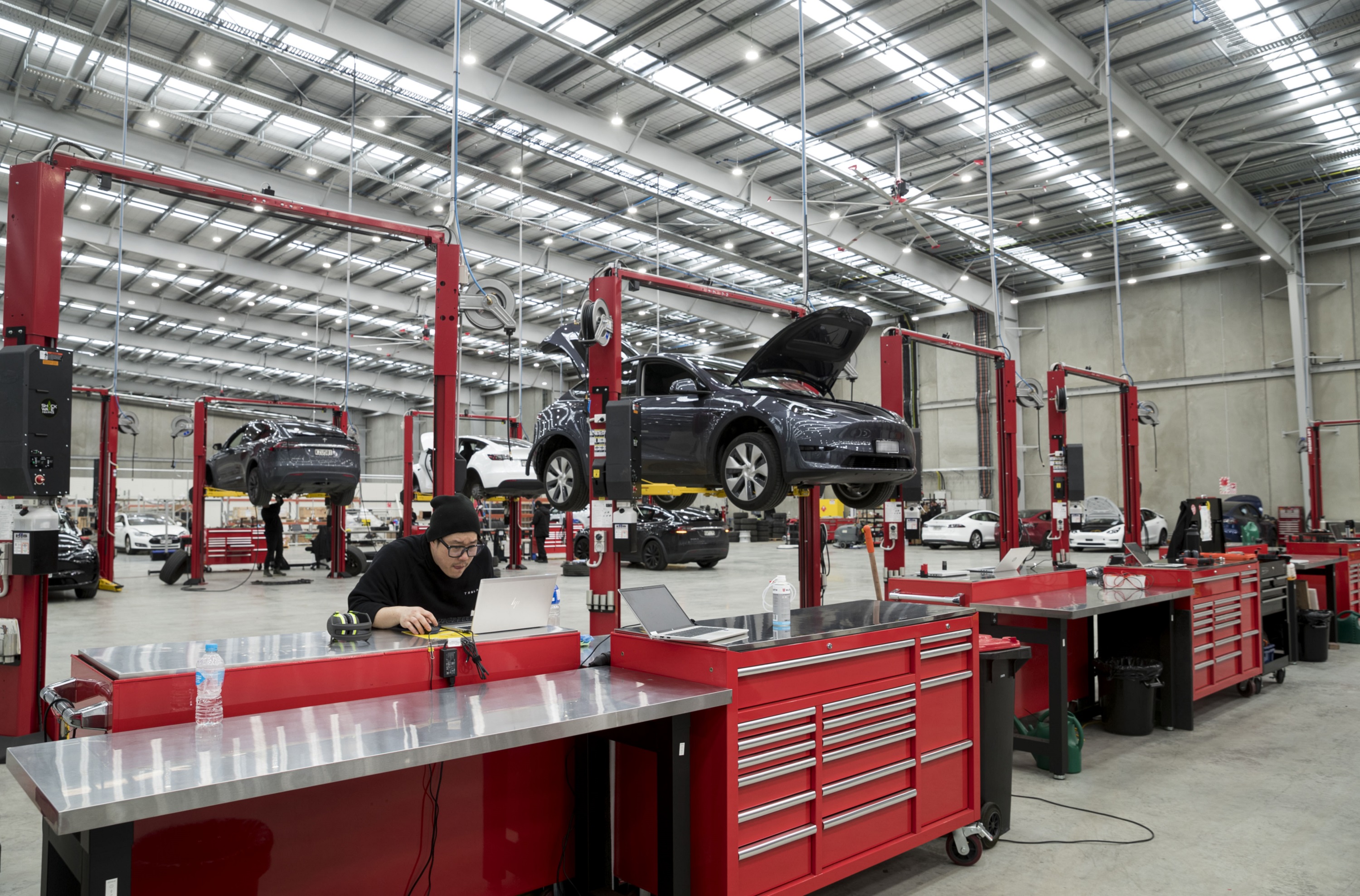 Part of the service area at the new Tesla South. Photo / Dean Purcell 
