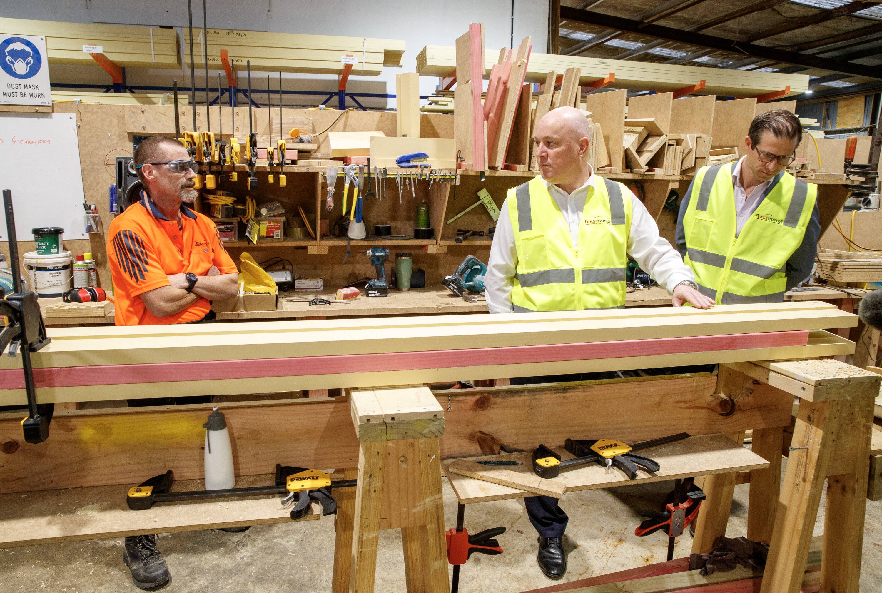 Prime Minister Christopher Luxon and Building and Construction Minister Chris Penk during their visit to Easy Build in Upper Hutt, where they announced three major changes to building supplies to address shortages. Photo / Mark Mitchell