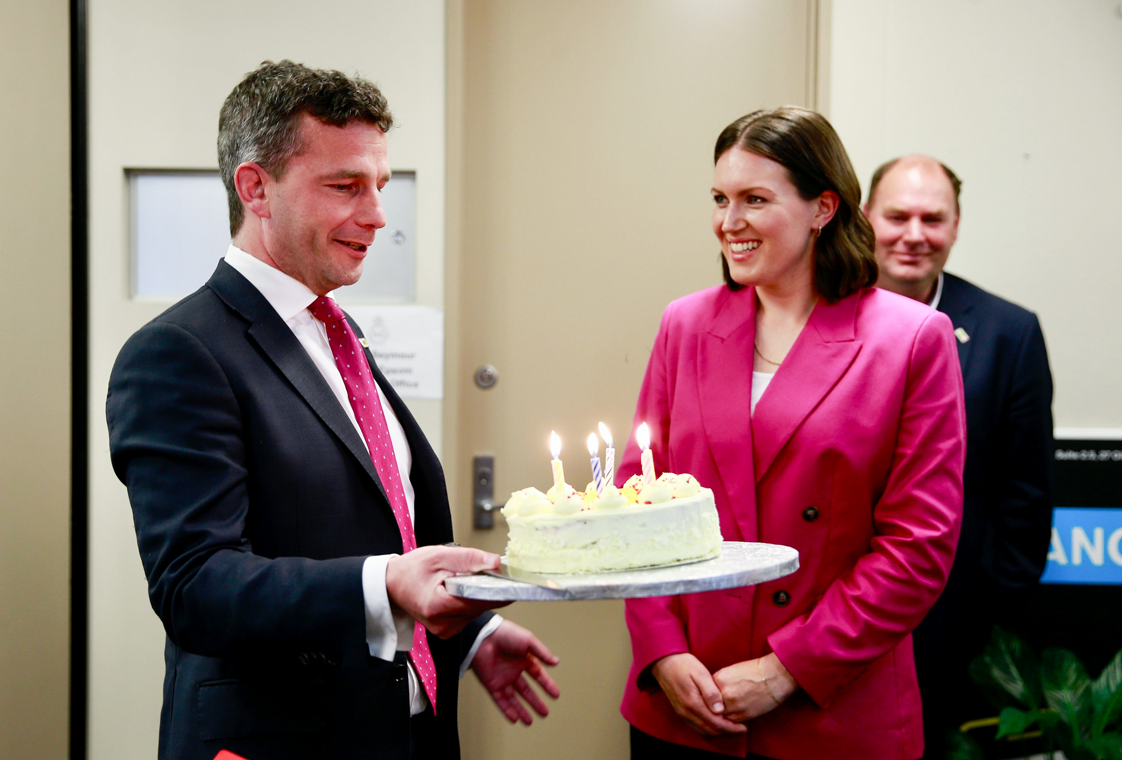 Van Velden celebrates her win in the Tāmaki electorate and her 31st birthday today with a cake. Photo / Alex Burton